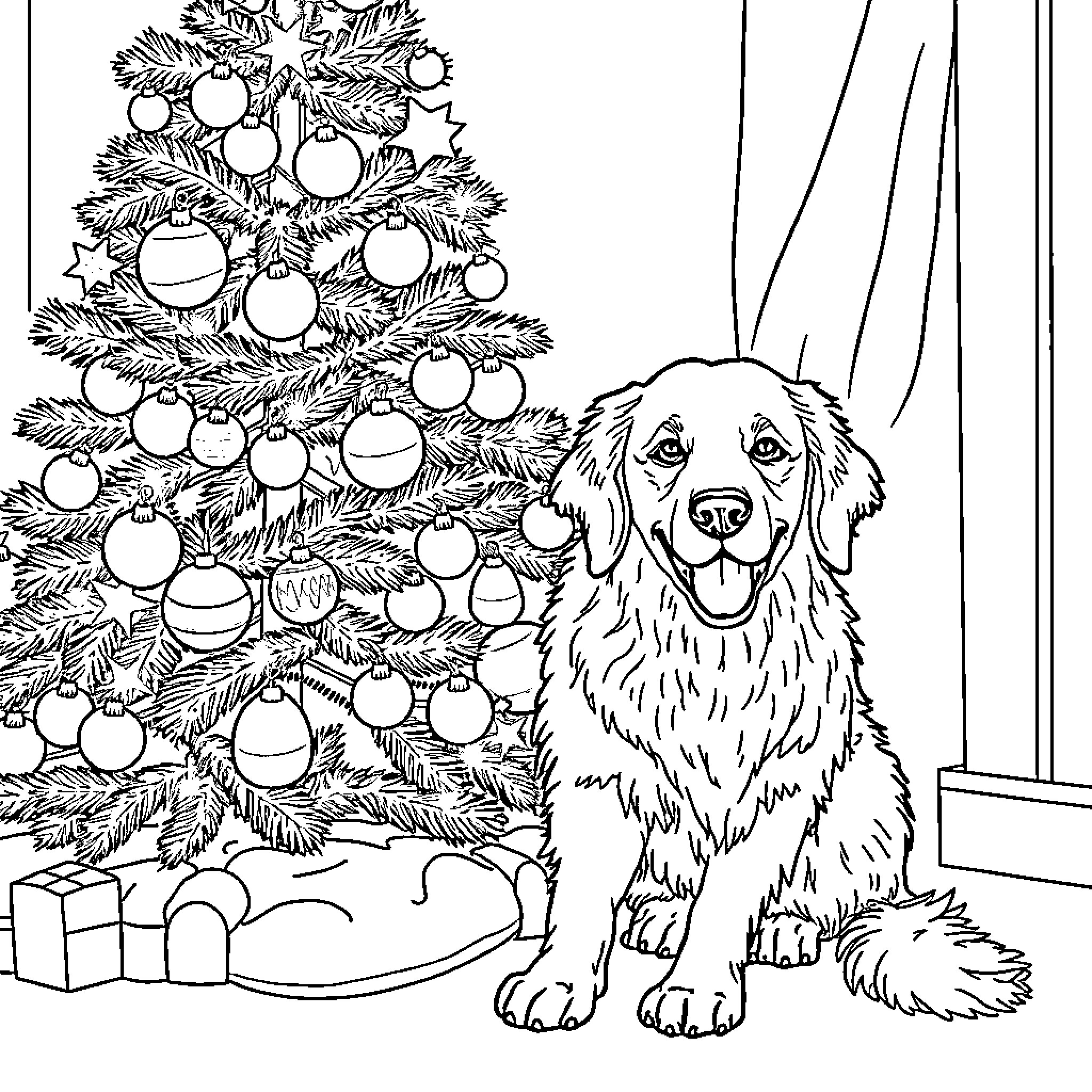 Golden Retriever Enjoying the Christmas Tree Coloring Page (free black-and-white line drawing printable PDF for all, from beginners to advanced learners, including children, teens, adults, and seniors)