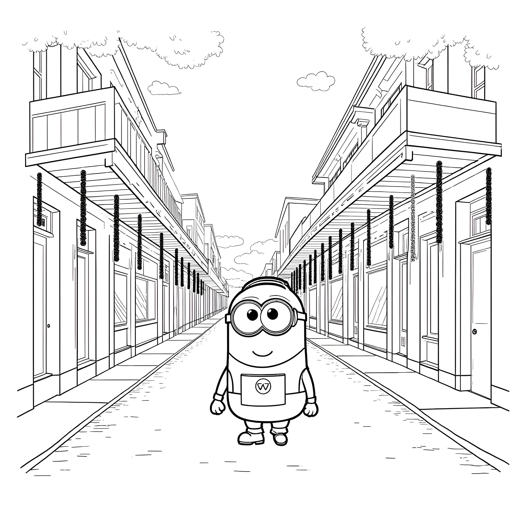 Minion walking through the city streets Coloring Page (free black-and-white line drawing printable PDF for all, from beginners to advanced learners, including children, teens, adults, and seniors)