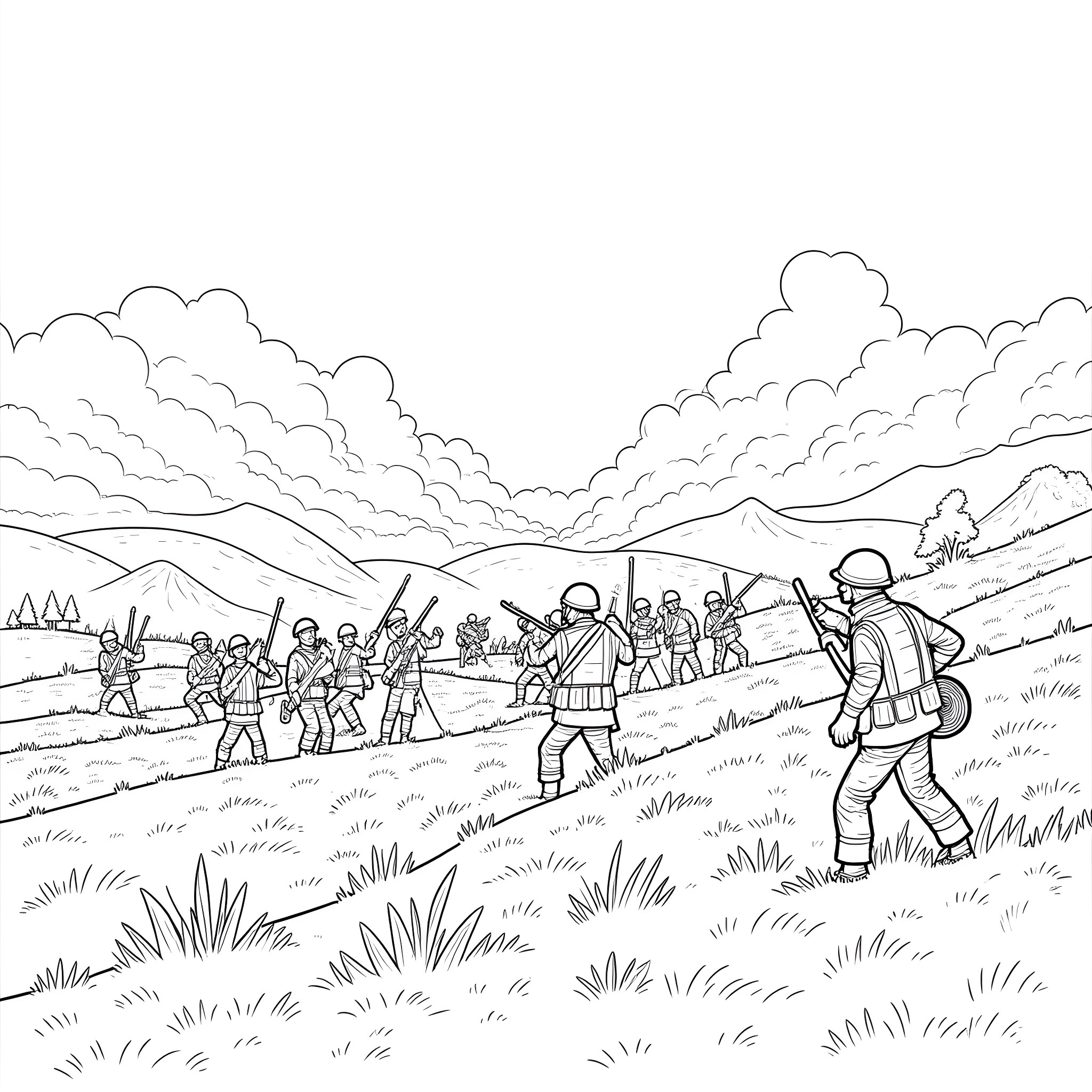 War against the enemy forces in the field Coloring Page (free black-and-white line drawing printable PDF for all, from beginners to advanced learners, including children, teens, adults, and seniors)