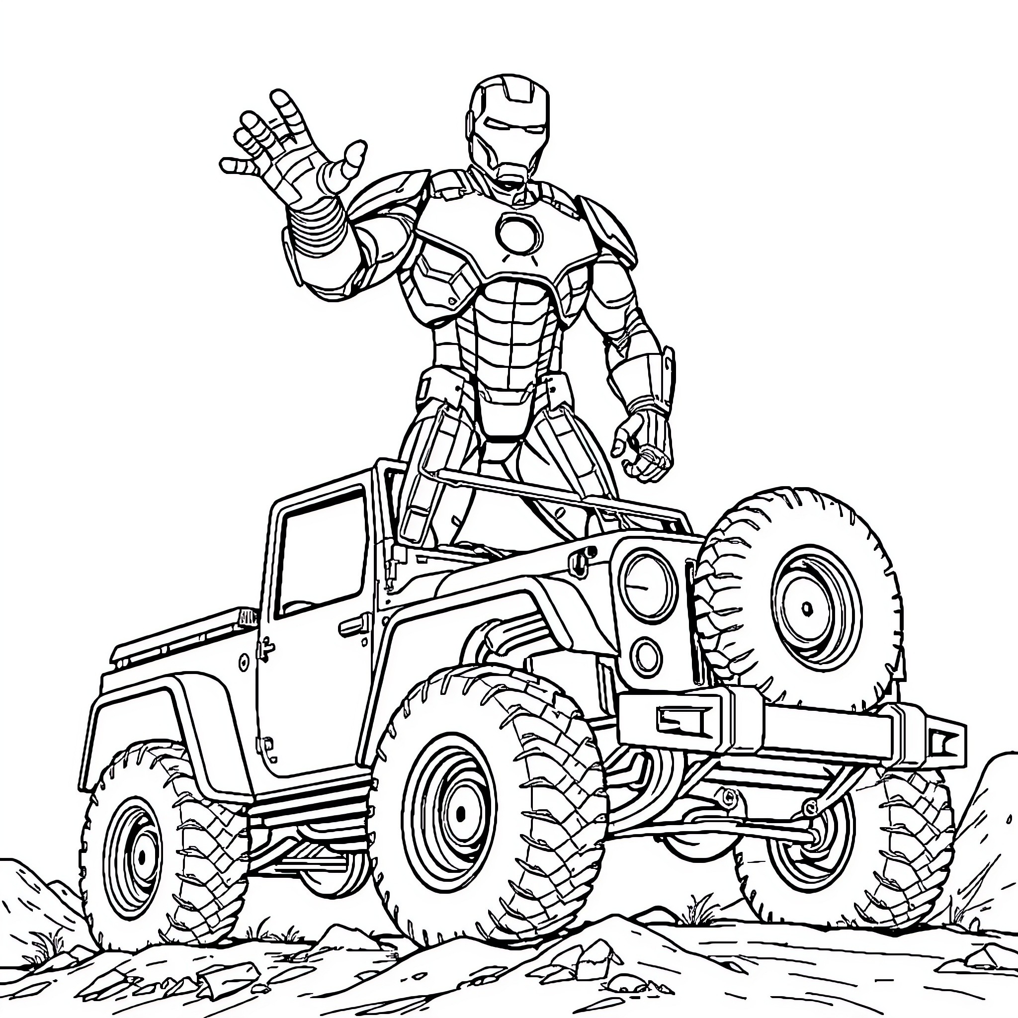 Iron Man riding an off-road vehicle Coloring Page (free black-and-white line drawing printable PDF for all, from beginners to advanced learners, including children, teens, adults, and seniors)