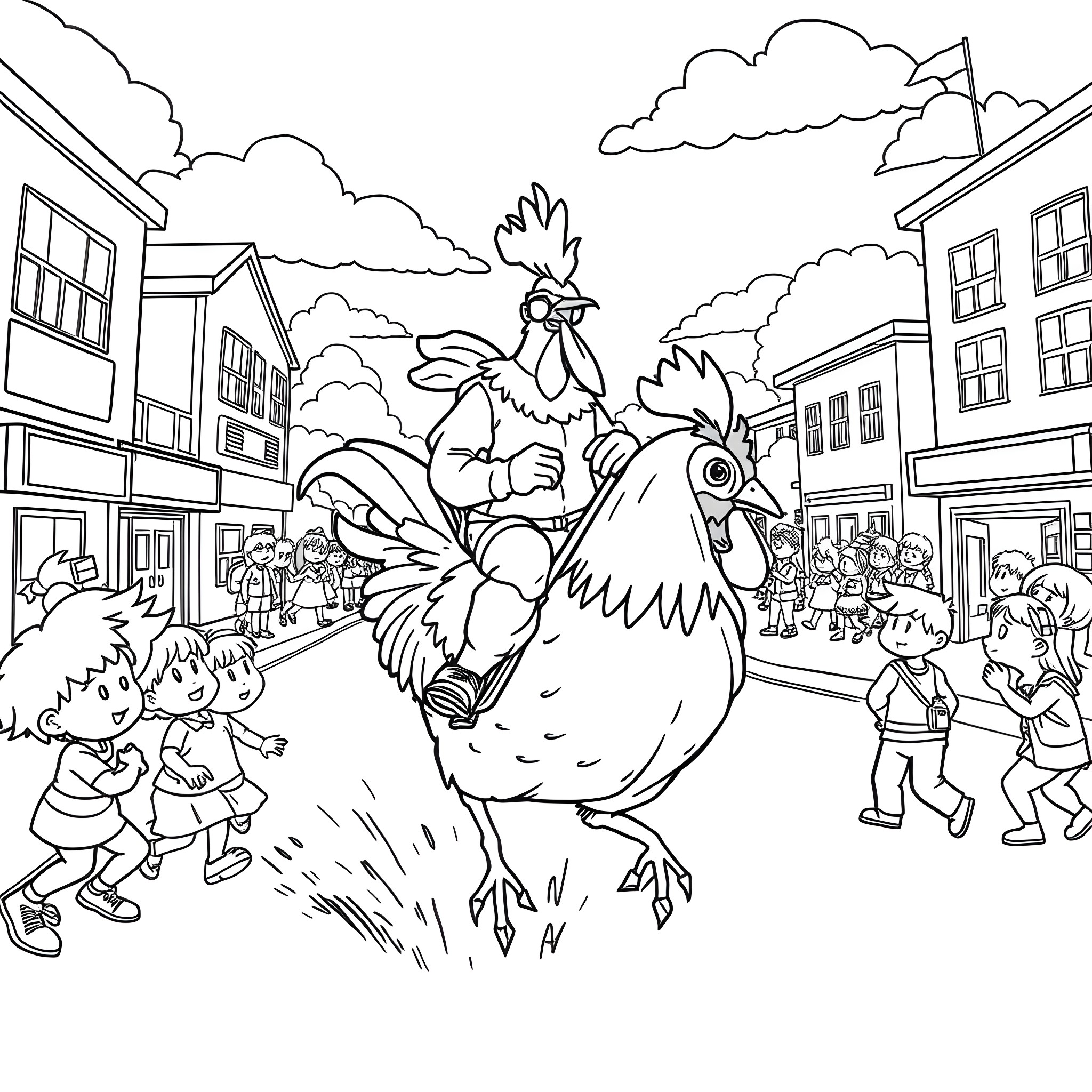 Chicken running through a lively town Coloring Page (free black-and-white line drawing printable PDF for all, from beginners to advanced learners, including children, teens, adults, and seniors)