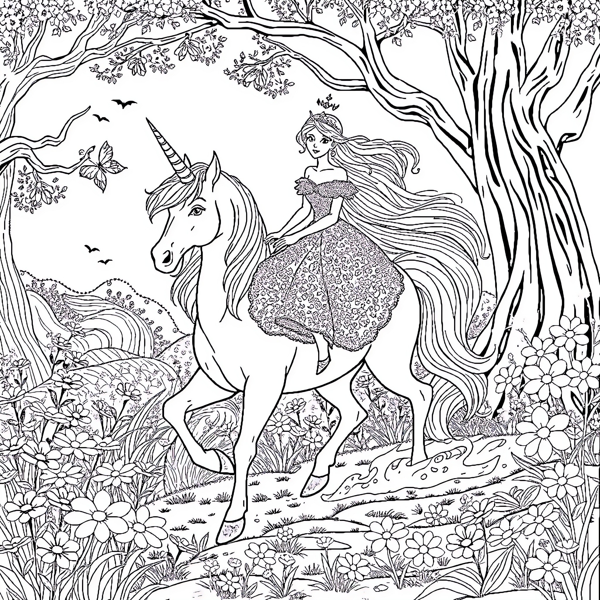 Princess riding unicorn in enchanting forest Coloring Page (free black-and-white line drawing printable PDF for all, from beginners to advanced learners, including children, teens, adults, and seniors)