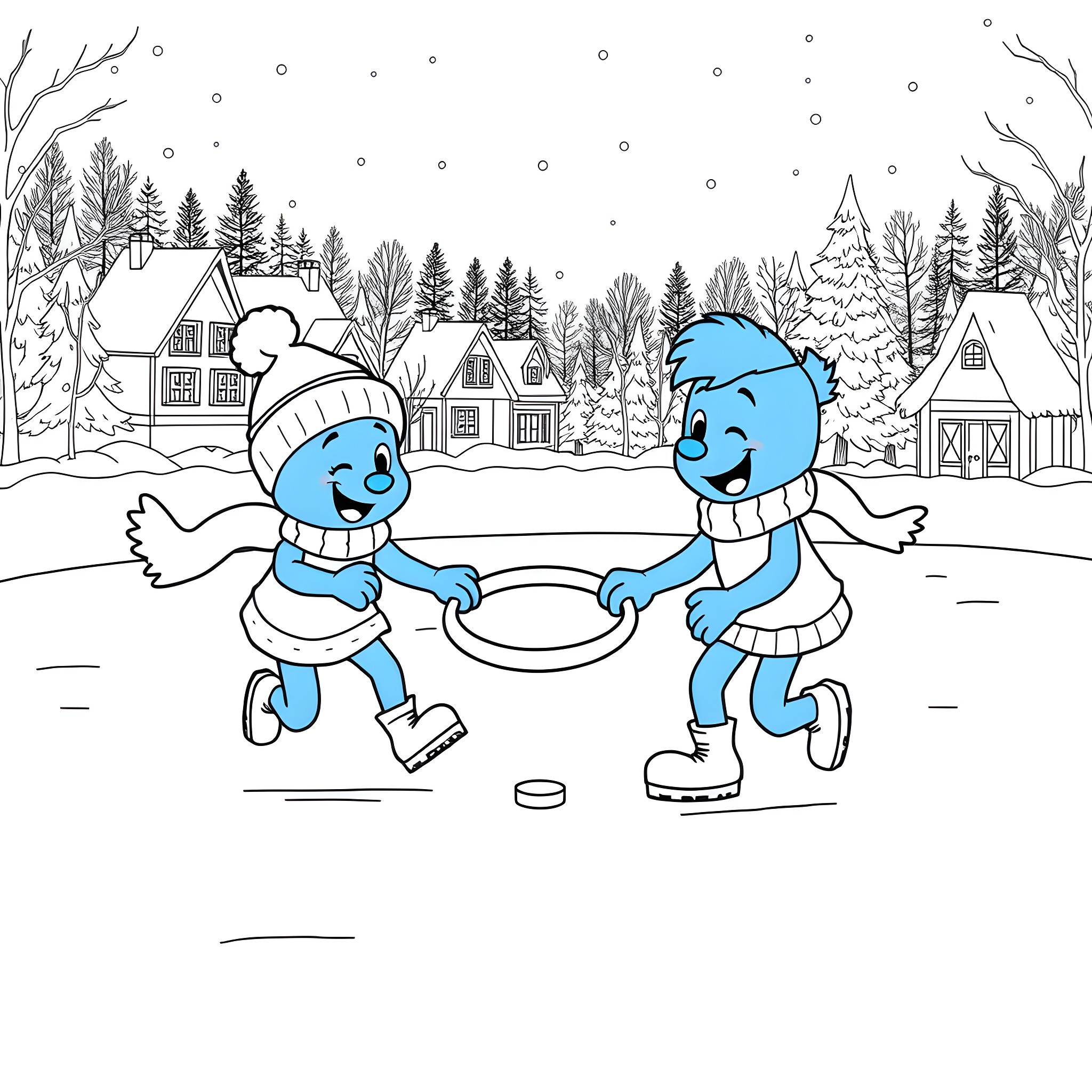 Bluey friends having fun skating in the winter wonderland Coloring Page (free black-and-white line drawing printable PDF for all, from beginners to advanced learners, including children, teens, adults, and seniors)