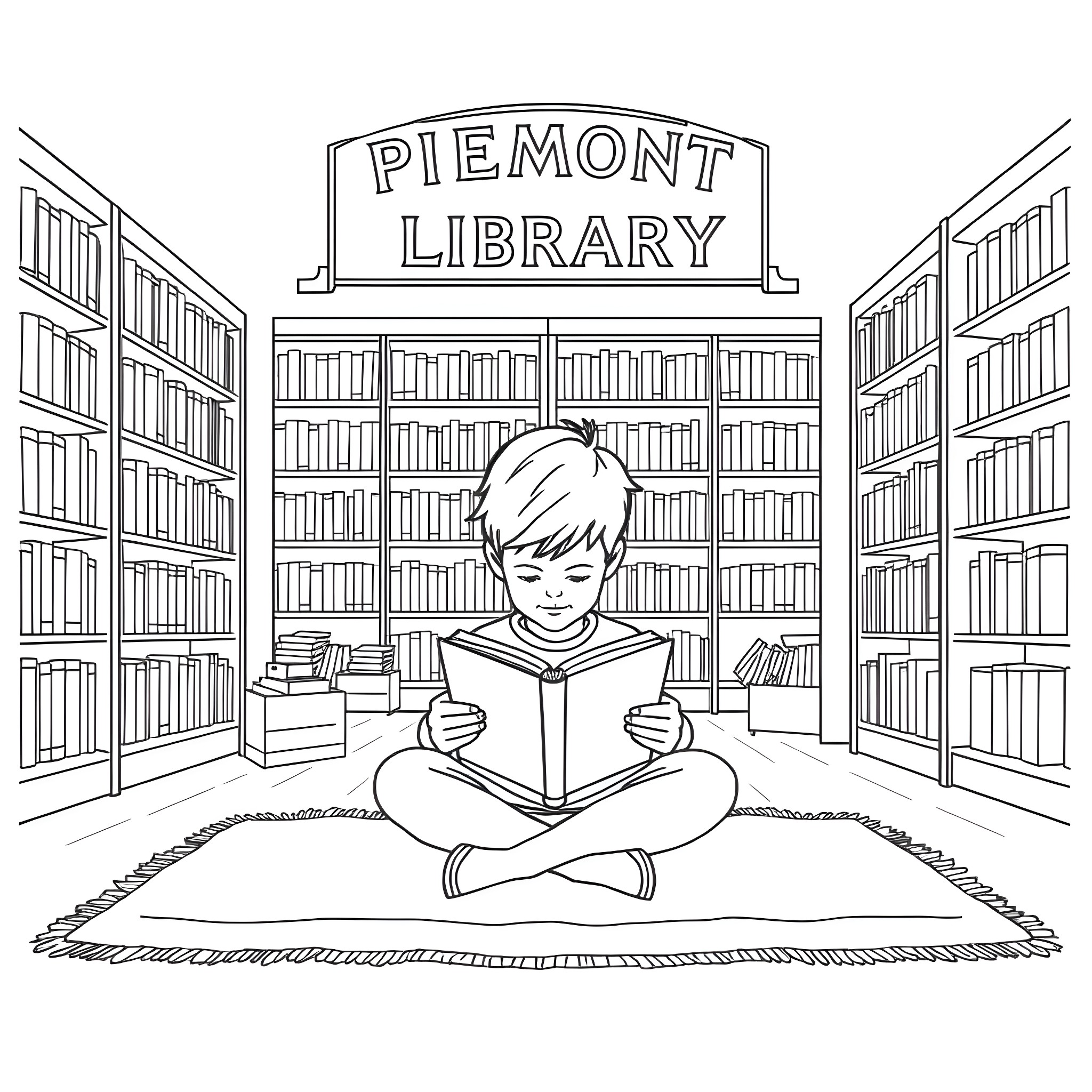 Boy reading book in the library Coloring Page (free black-and-white line drawing printable PDF for all, from beginners to advanced learners, including children, teens, adults, and seniors)