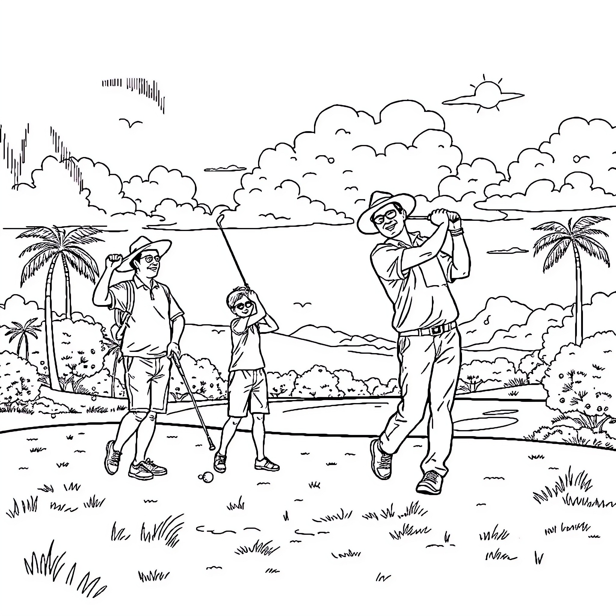 Golfers enjoying a scenic tropical golfing day Coloring Page (free black-and-white line drawing printable PDF for all, from beginners to advanced learners, including children, teens, adults, and seniors)