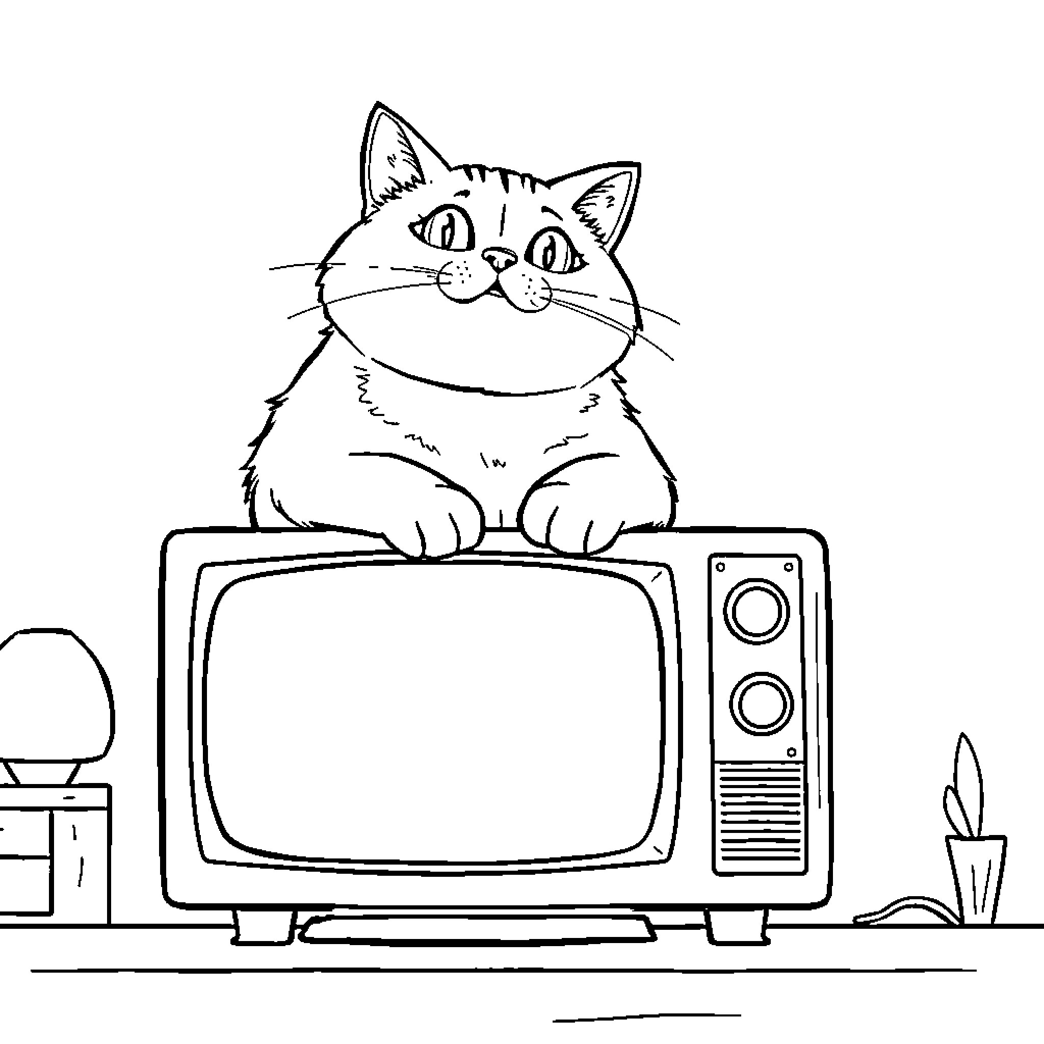 Cat perched on old-fashioned television Coloring Page (free black-and-white line drawing printable PDF for all, from beginners to advanced learners, including children, teens, adults, and seniors)