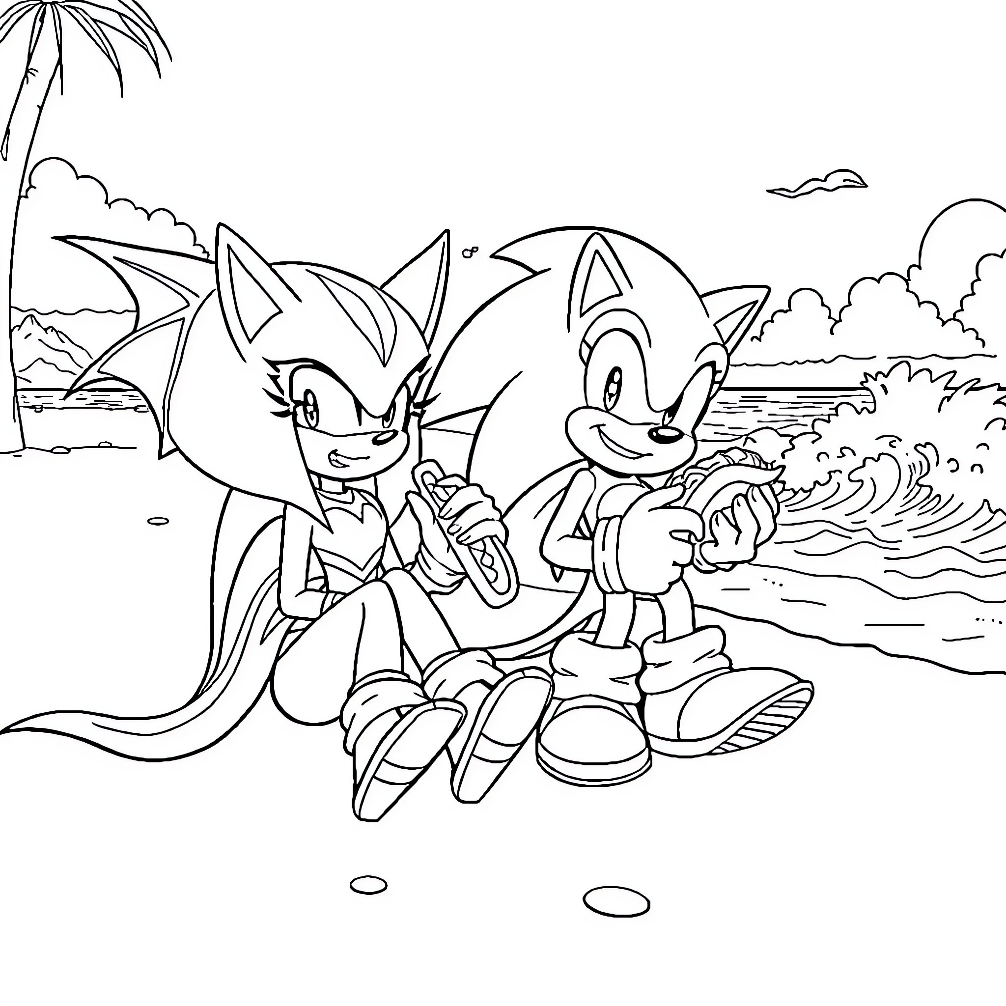 Rouge Hedgehogs Enjoying the Beach Adventure Coloring Page (free black-and-white line drawing printable PDF for all, from beginners to advanced learners, including children, teens, adults, and seniors)