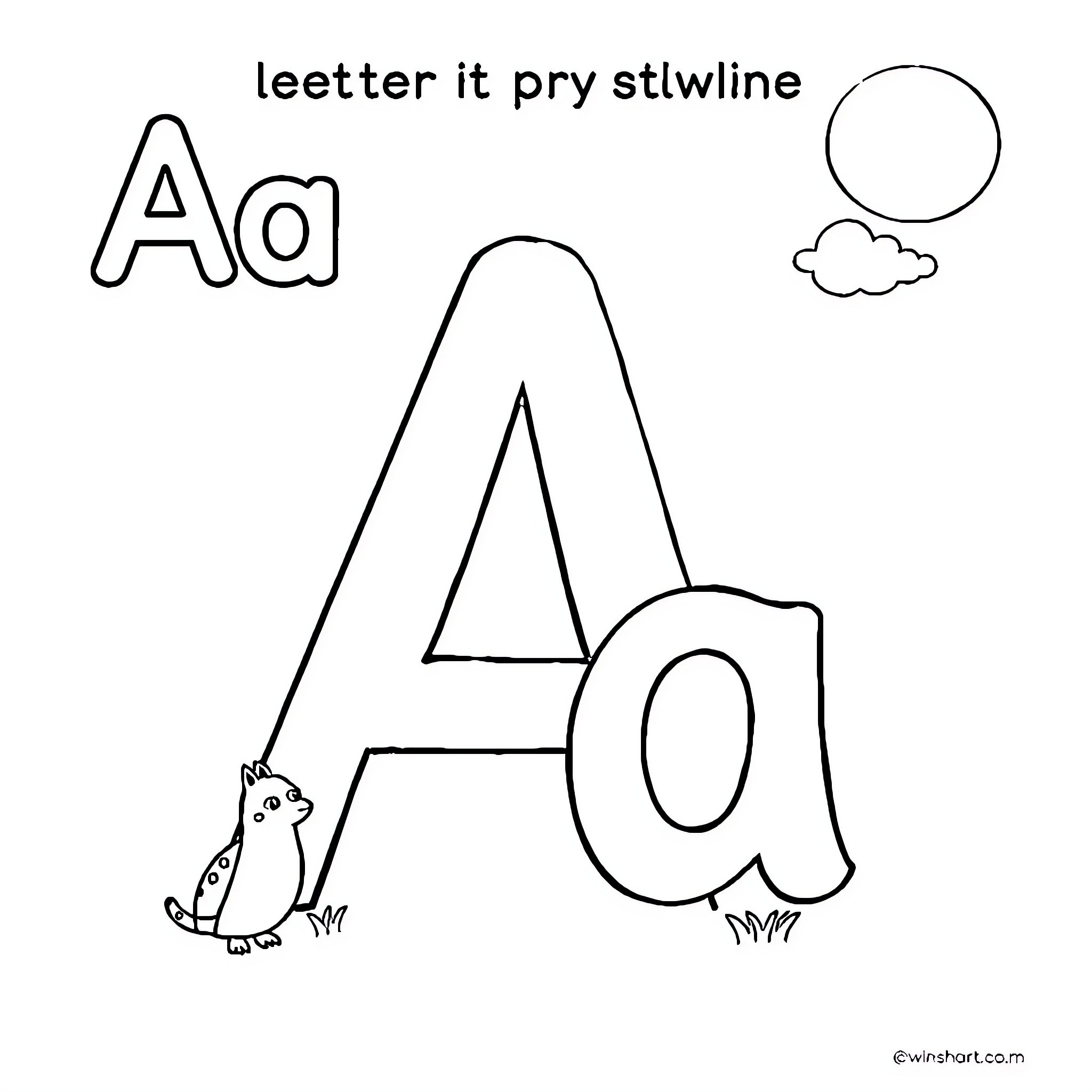 Letter A with animals and nature elements Coloring Page (free black-and-white line drawing printable PDF for all, from beginners to advanced learners, including children, teens, adults, and seniors)