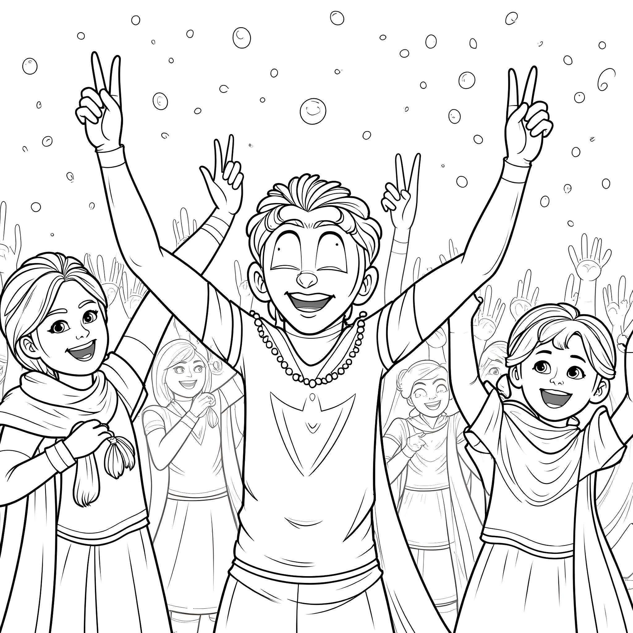 Frozen friends celebrating joyfully in the winter wonderland Coloring Page (free black-and-white line drawing printable PDF for all, from beginners to advanced learners, including children, teens, adults, and seniors)