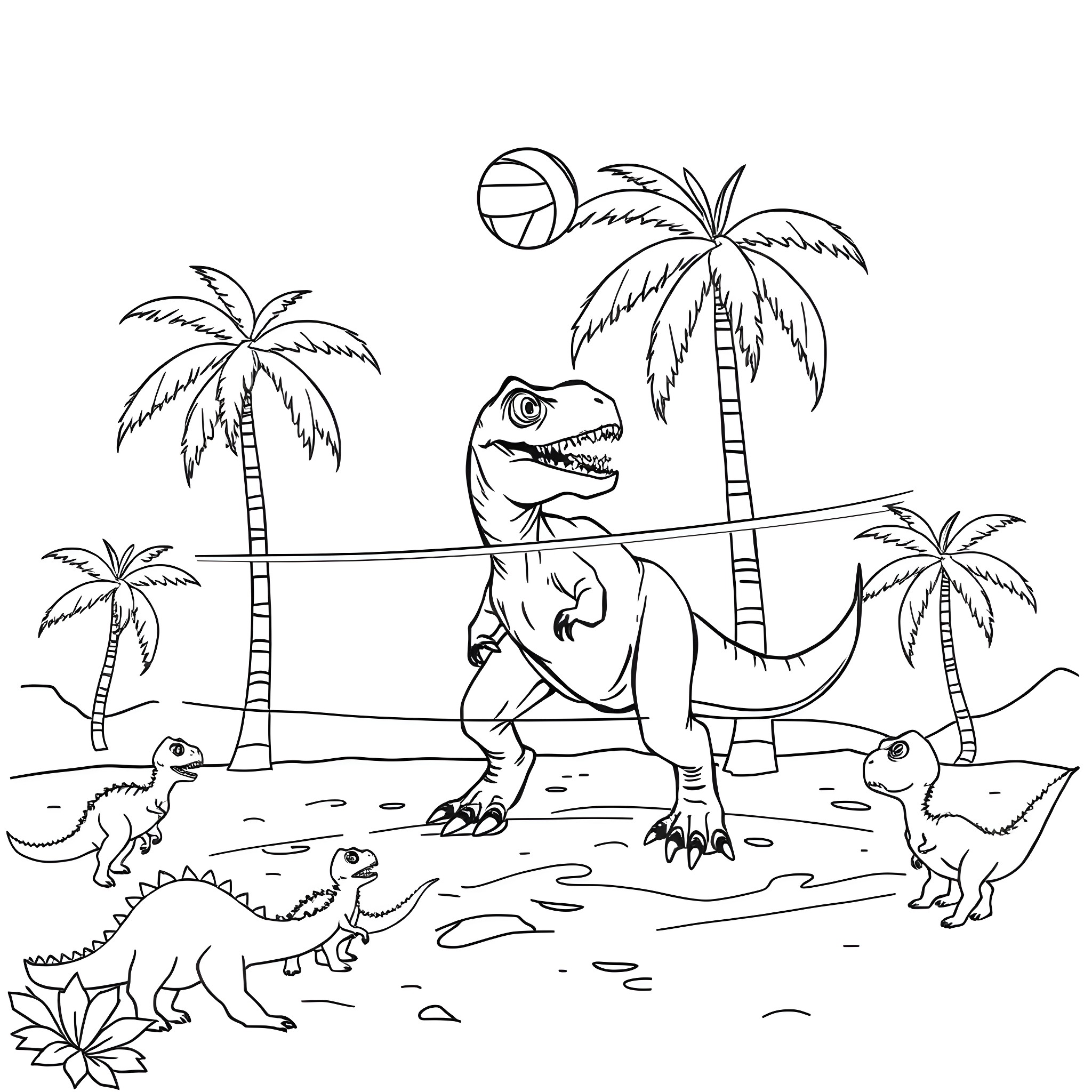 T-Rex exploring tropical island with palm trees Coloring Page (free black-and-white line drawing printable PDF for all, from beginners to advanced learners, including children, teens, adults, and seniors)