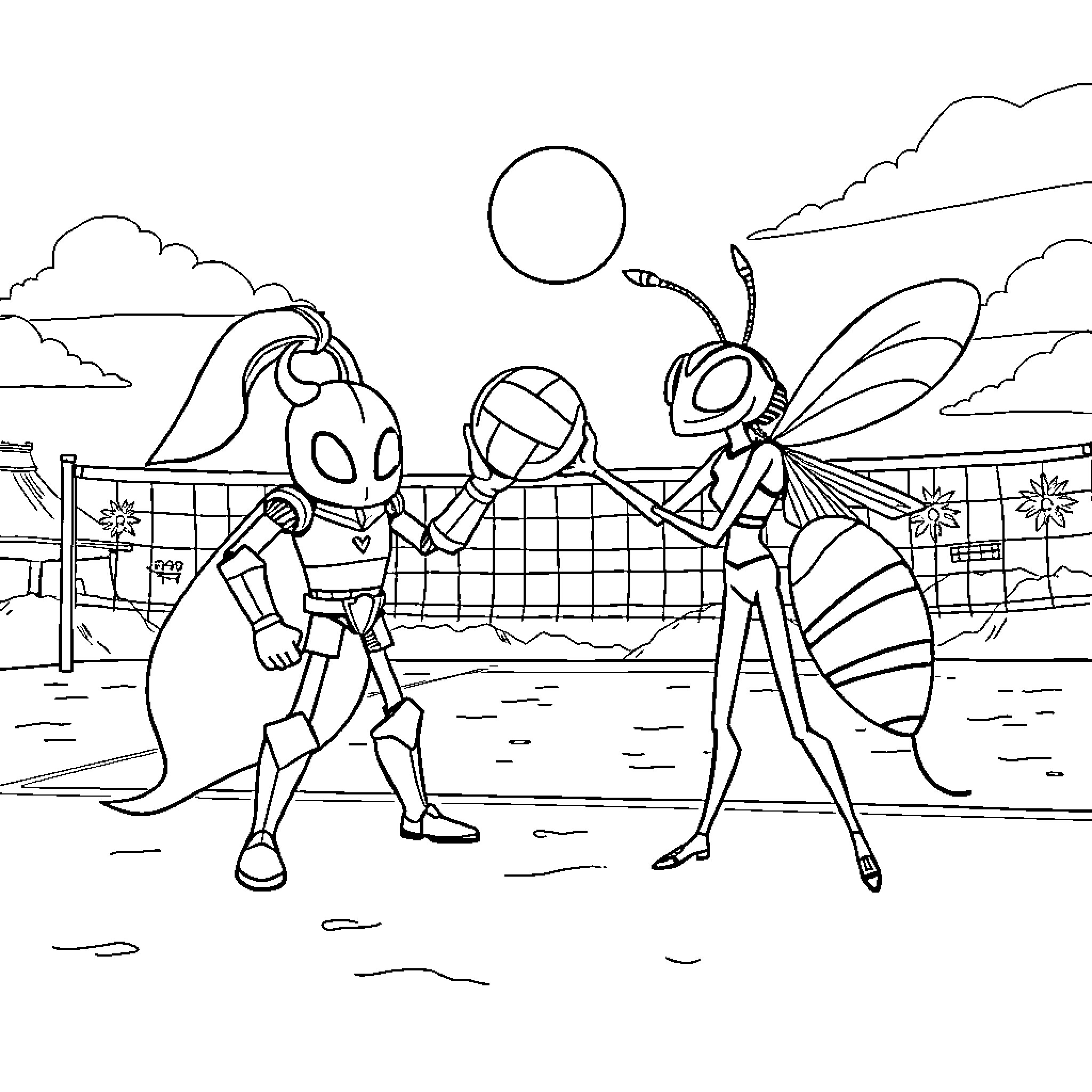 Hollow Knight characters playing volleyball Coloring Page (free black-and-white line drawing printable PDF for all, from beginners to advanced learners, including children, teens, adults, and seniors)
