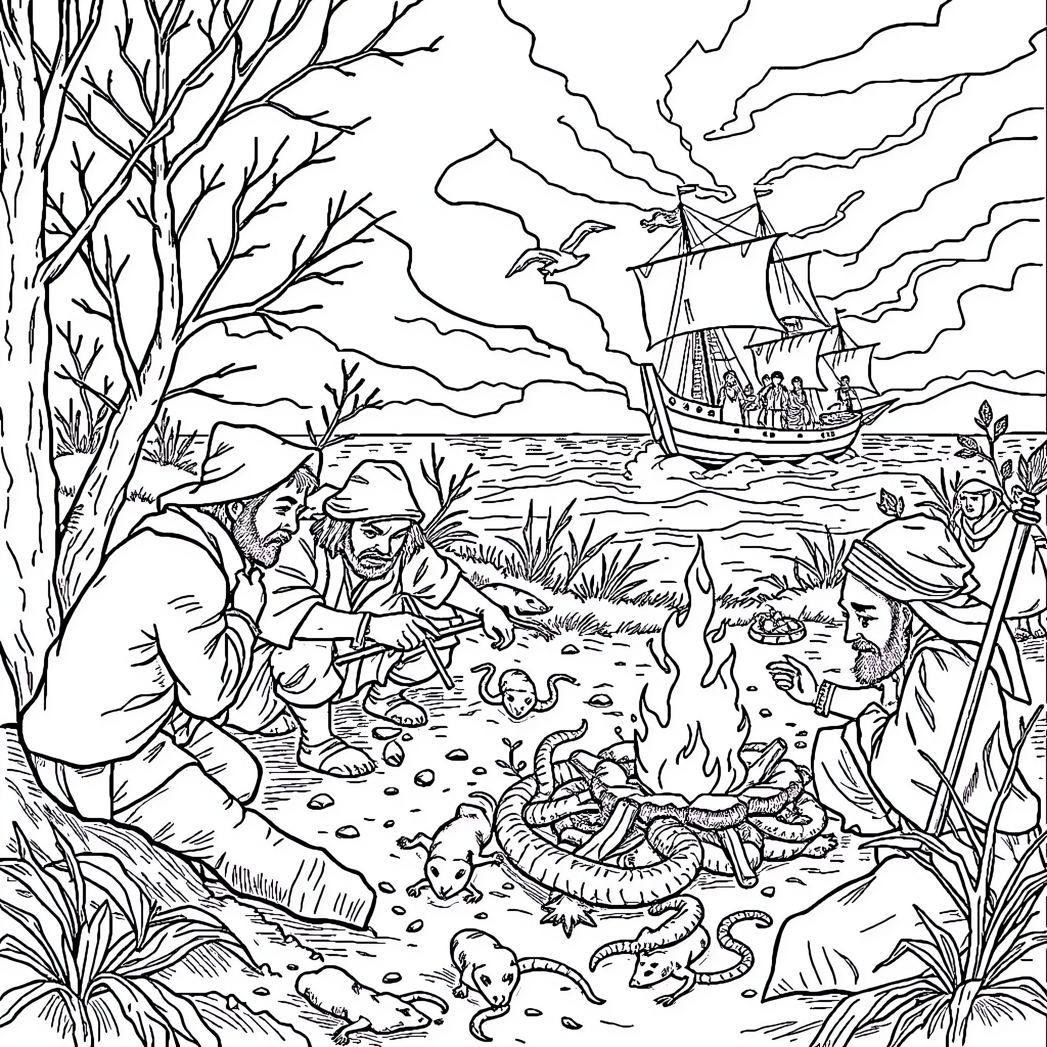 Colonist Exploration of New Lands with Ship Coloring Page (free black-and-white line drawing printable PDF for all, from beginners to advanced learners, including children, teens, adults, and seniors)