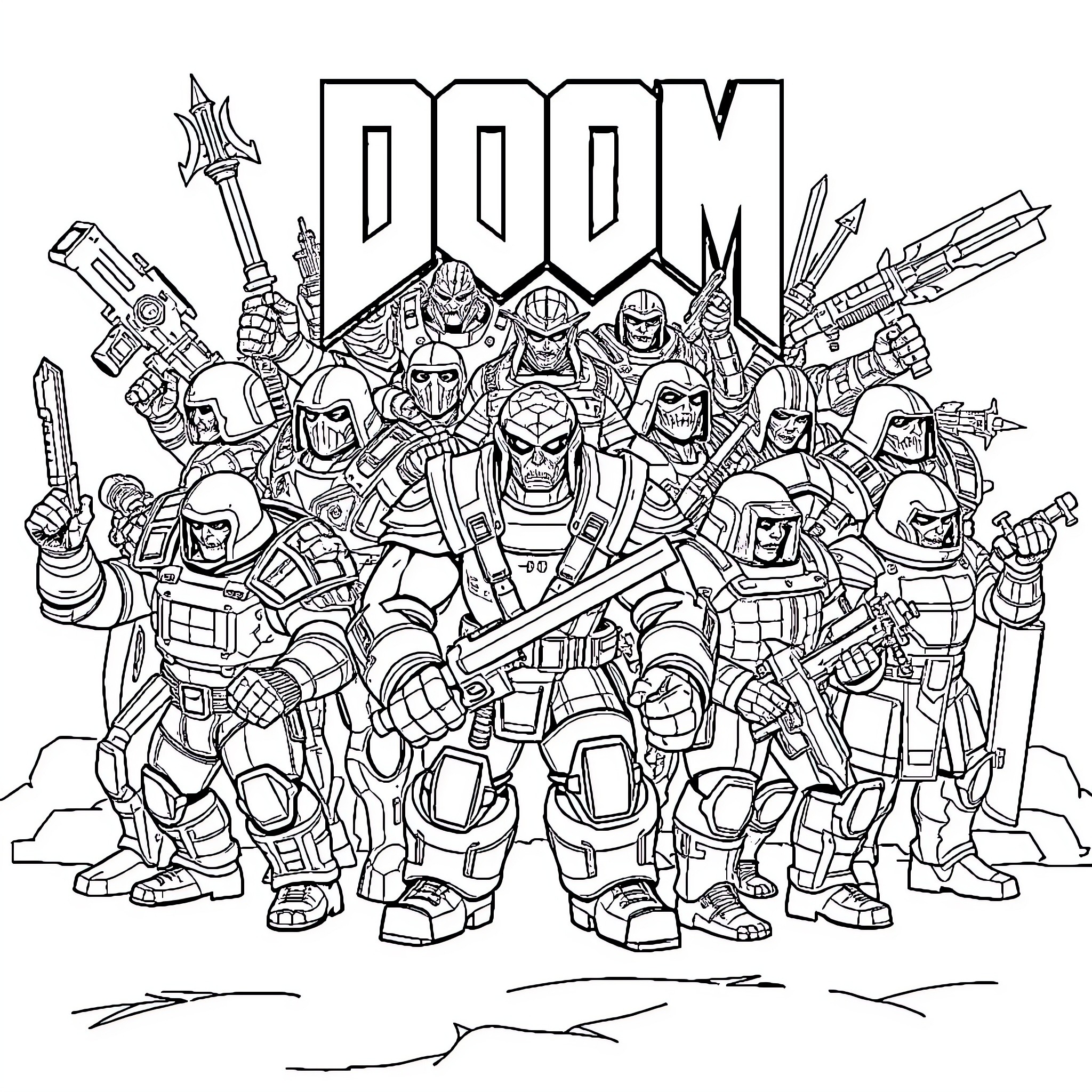 Doom Character Group in Action Coloring Page (free black-and-white line drawing printable PDF for all, from beginners to advanced learners, including children, teens, adults, and seniors)