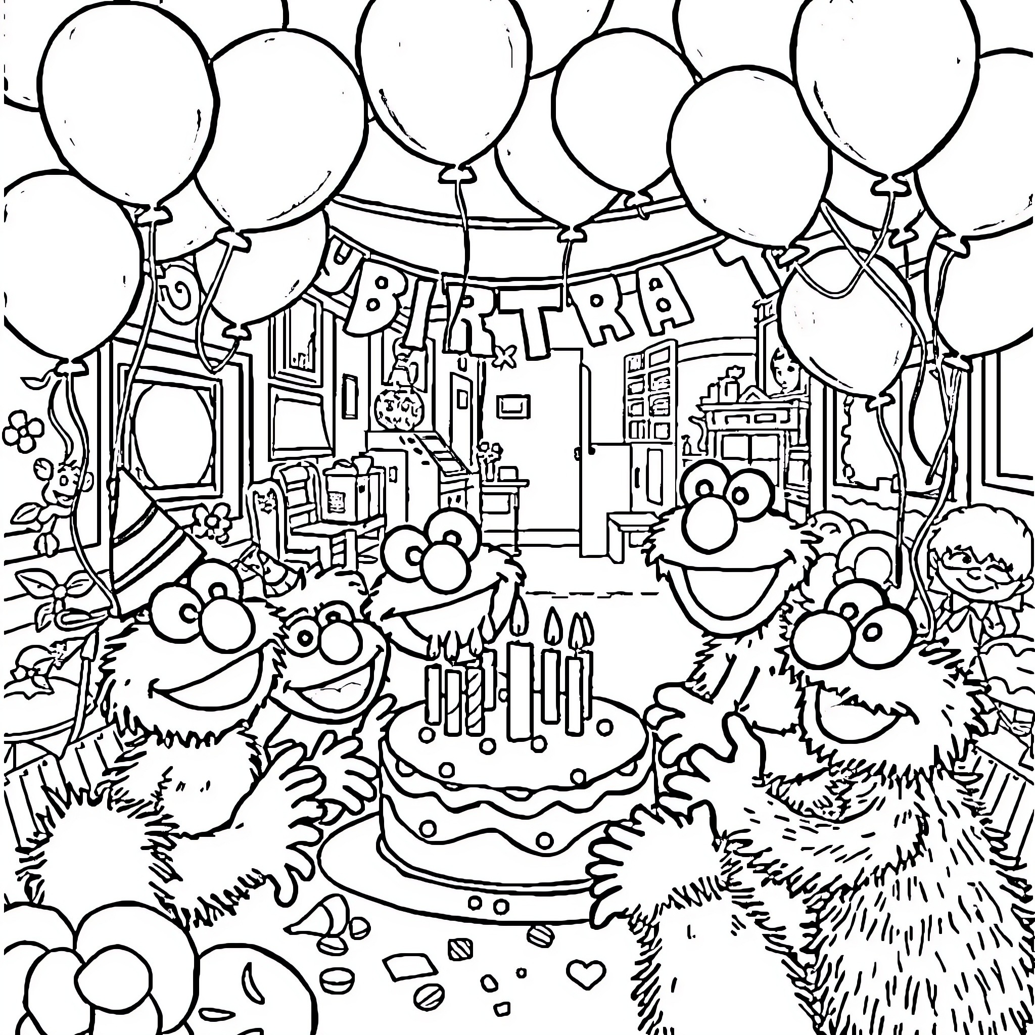 Sesame Street characters celebrate a birthday party Coloring Page (free black-and-white line drawing printable PDF for all, from beginners to advanced learners, including children, teens, adults, and seniors)