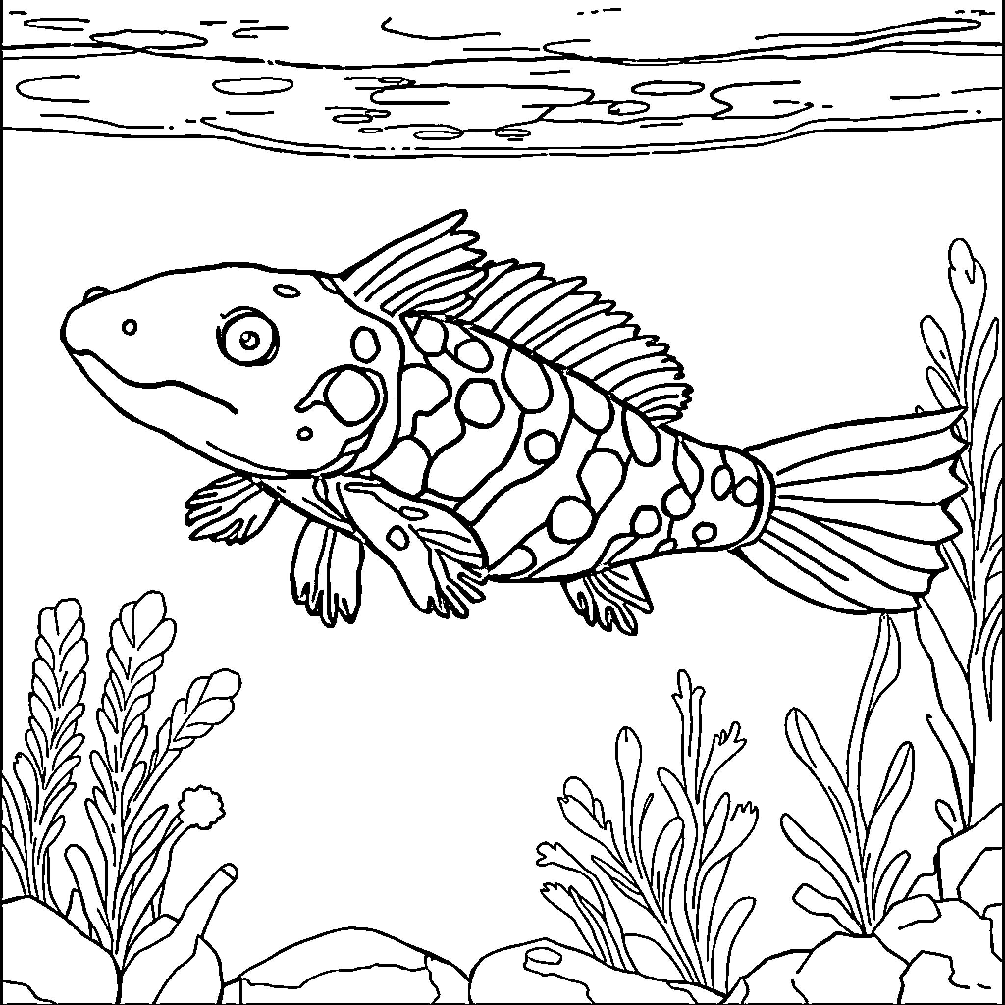 Axolotl swimming among aquatic plants Coloring Page (free black-and-white line drawing printable PDF for all, from beginners to advanced learners, including children, teens, adults, and seniors)