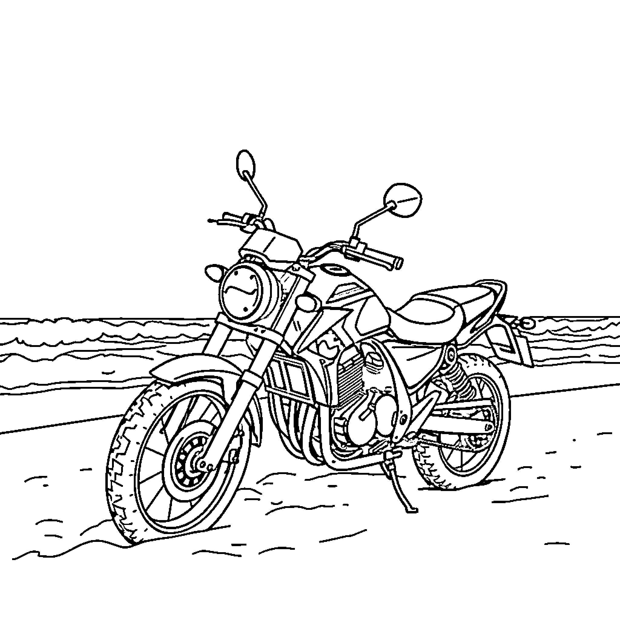 Motorcycle parked on coastal road Coloring Page (free black-and-white line drawing printable PDF for all, from beginners to advanced learners, including children, teens, adults, and seniors)
