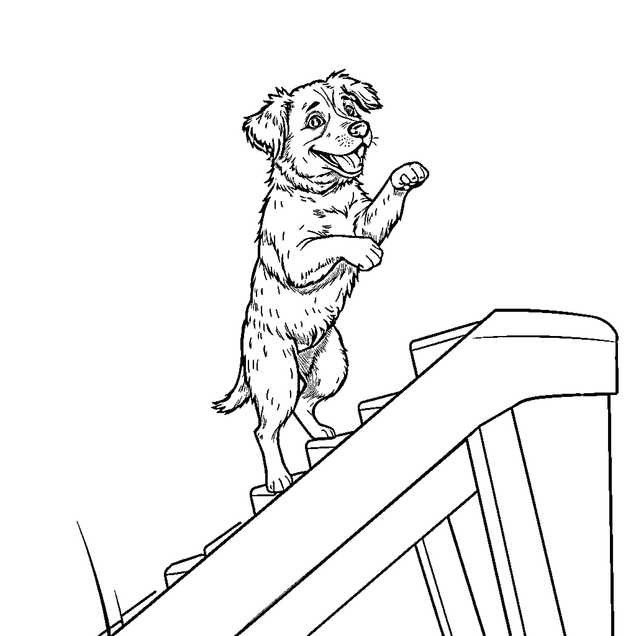 Dog climbing up stairs excitedly Coloring Page (free black-and-white line drawing printable PDF for all, from beginners to advanced learners, including children, teens, adults, and seniors)