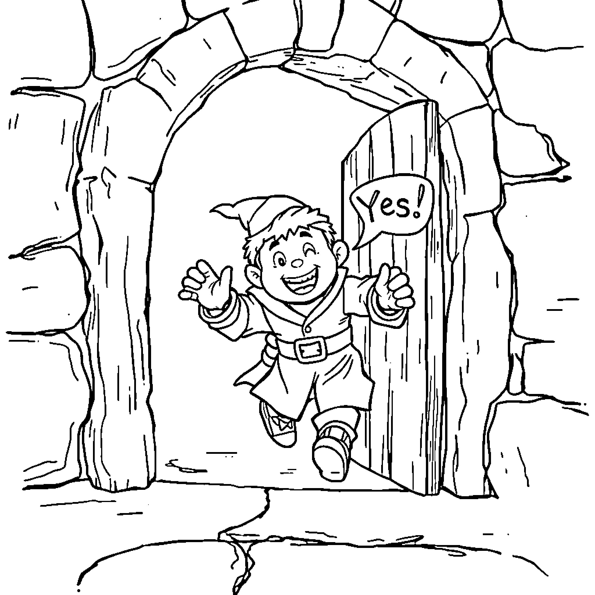 Servant's Enthusiastic Encounter in Fantastical Surroundings Coloring Page (free black-and-white line drawing printable PDF for all, from beginners to advanced learners, including children, teens, adults, and seniors)