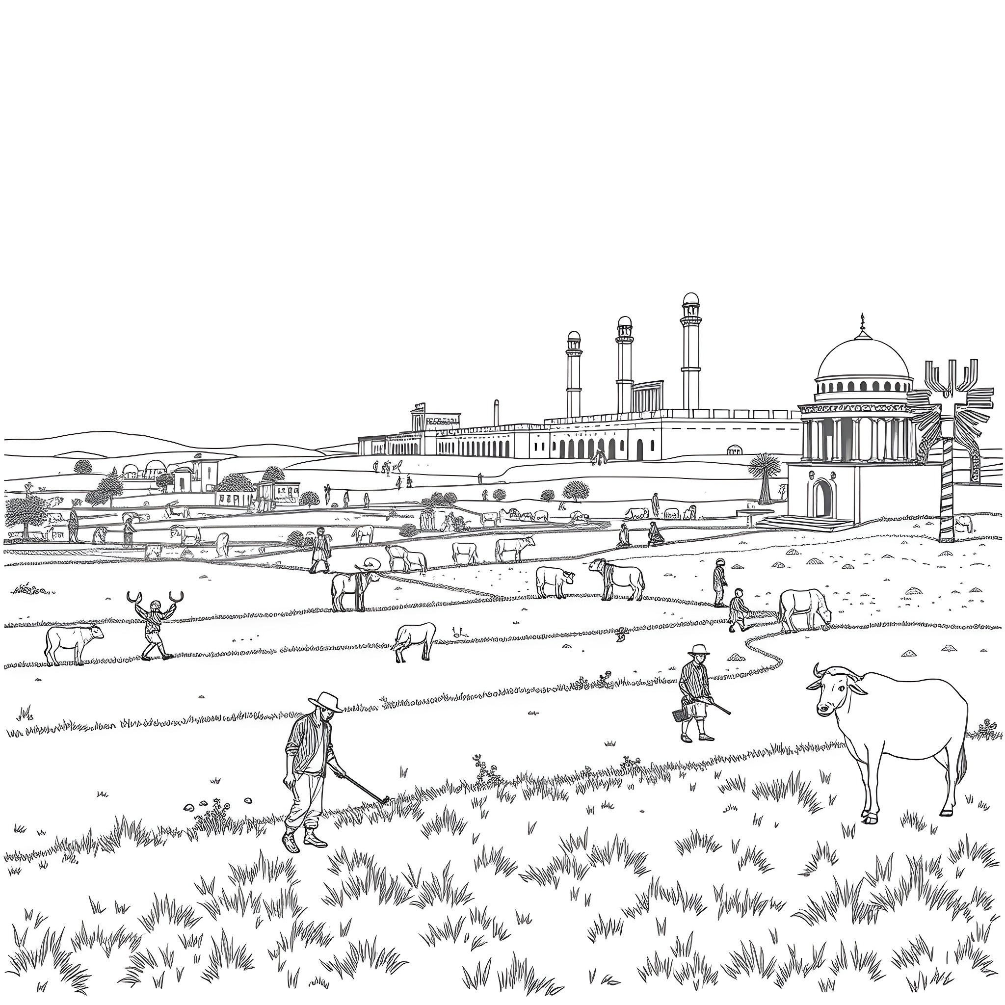 Farm scene with mosque, sheep, and people Coloring Page (free black-and-white line drawing printable PDF for all, from beginners to advanced learners, including children, teens, adults, and seniors)