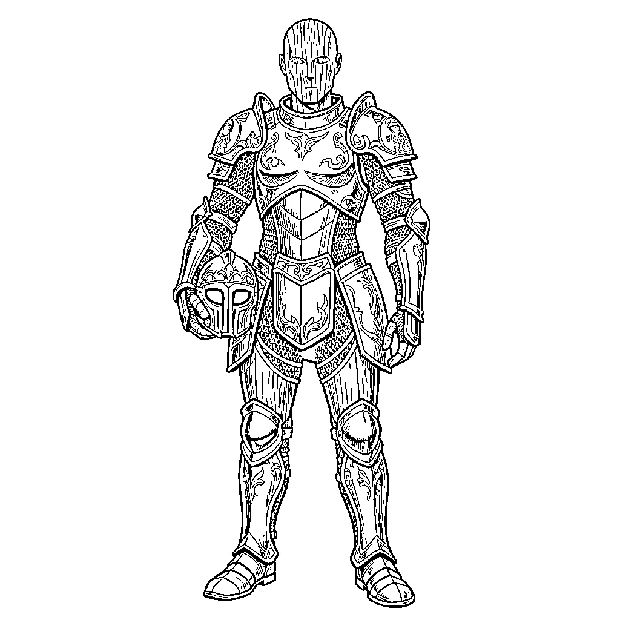 Armor worn by a warrior standing in a pose Coloring Page (free black-and-white line drawing printable PDF for all, from beginners to advanced learners, including children, teens, adults, and seniors)