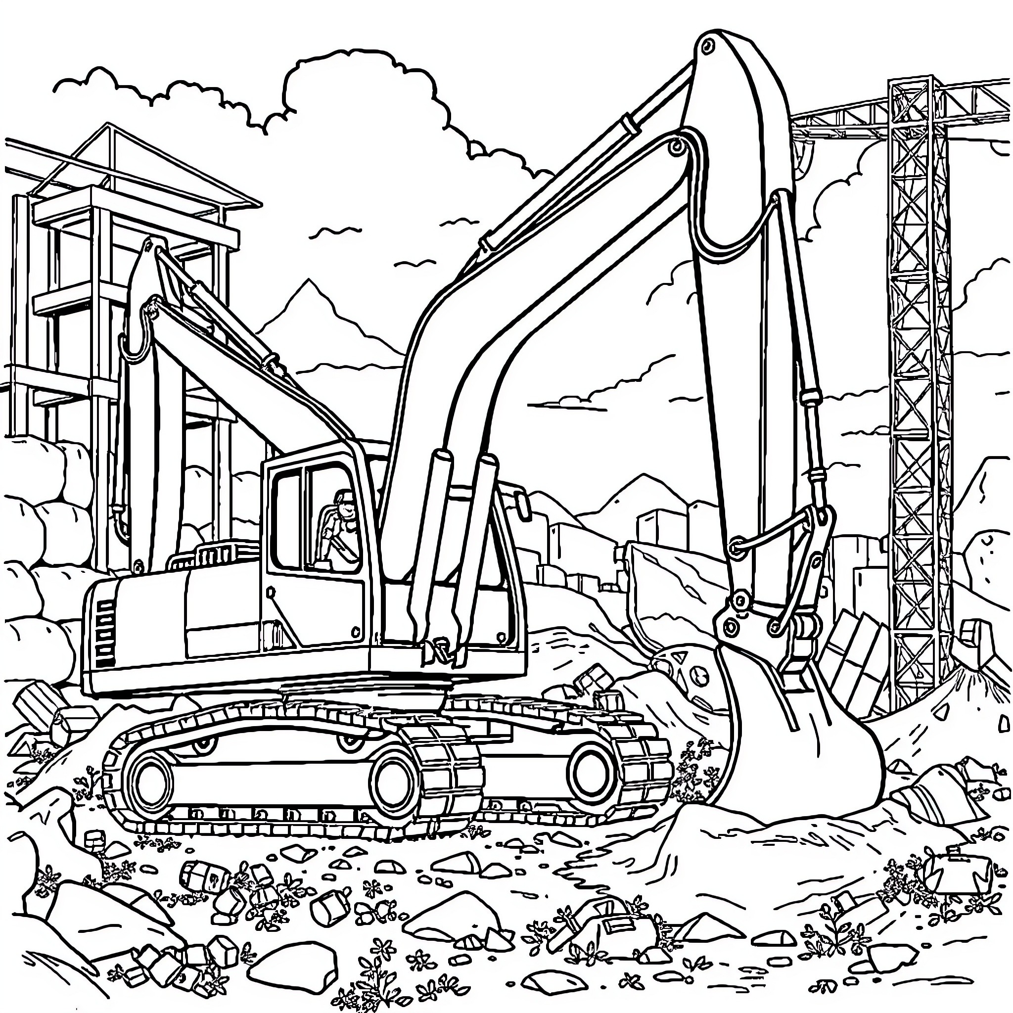 Excavator at a construction site Coloring Page (free black-and-white line drawing printable PDF for all, from beginners to advanced learners, including children, teens, adults, and seniors)