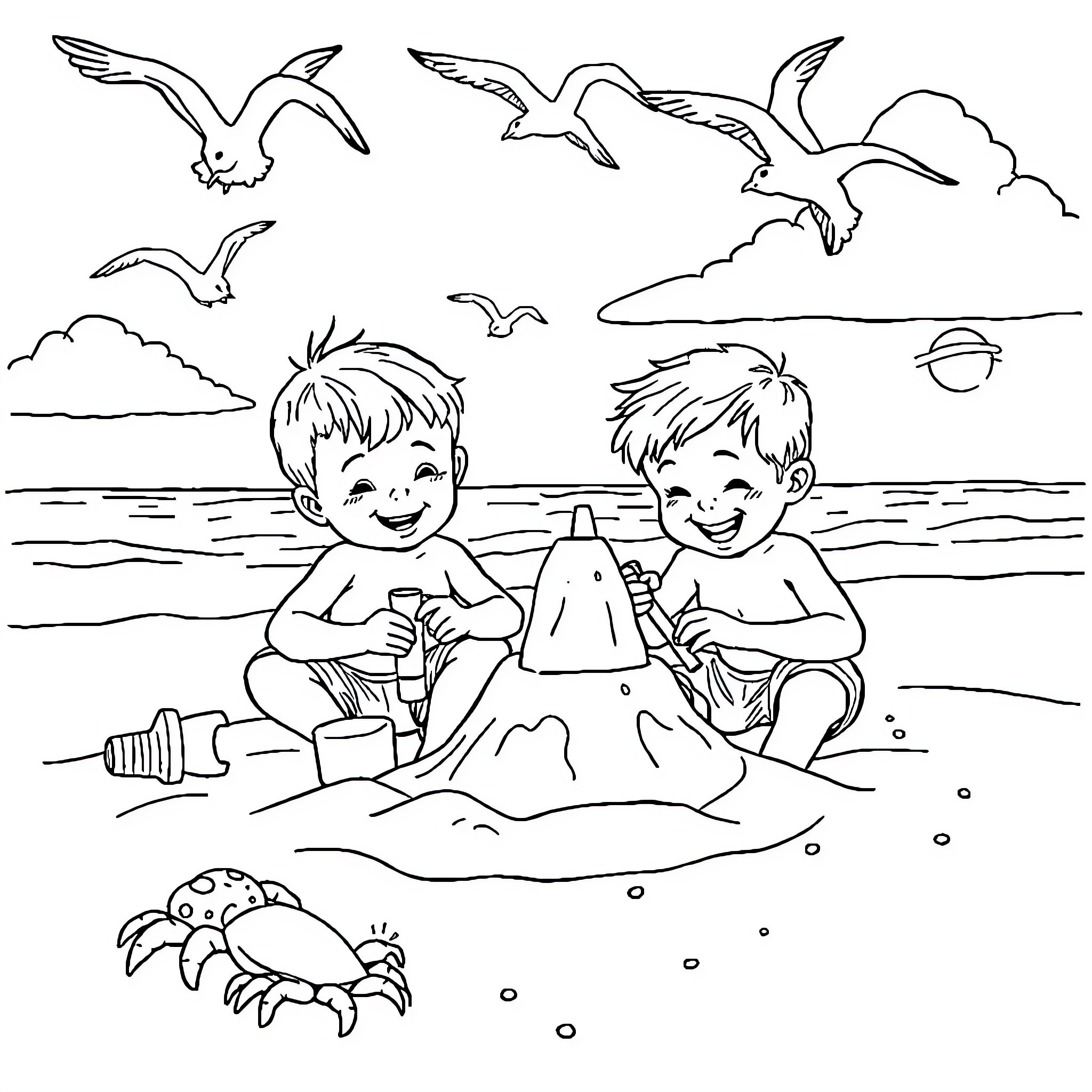 Boys playing happily at the beach Coloring Page (free black-and-white line drawing printable PDF for all, from beginners to advanced learners, including children, teens, adults, and seniors)