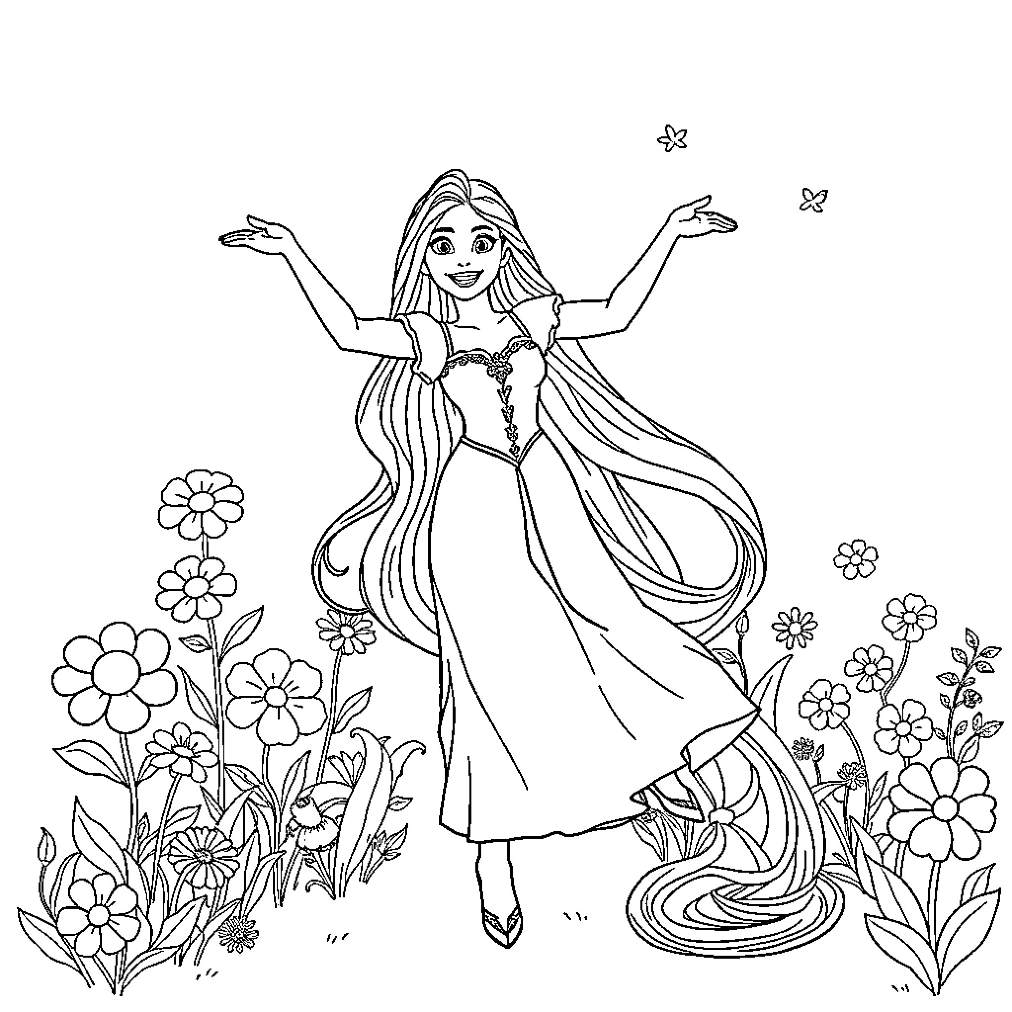 Rapunzel in a beautiful floral garden Coloring Page (free black-and-white line drawing printable PDF for all, from beginners to advanced learners, including children, teens, adults, and seniors)