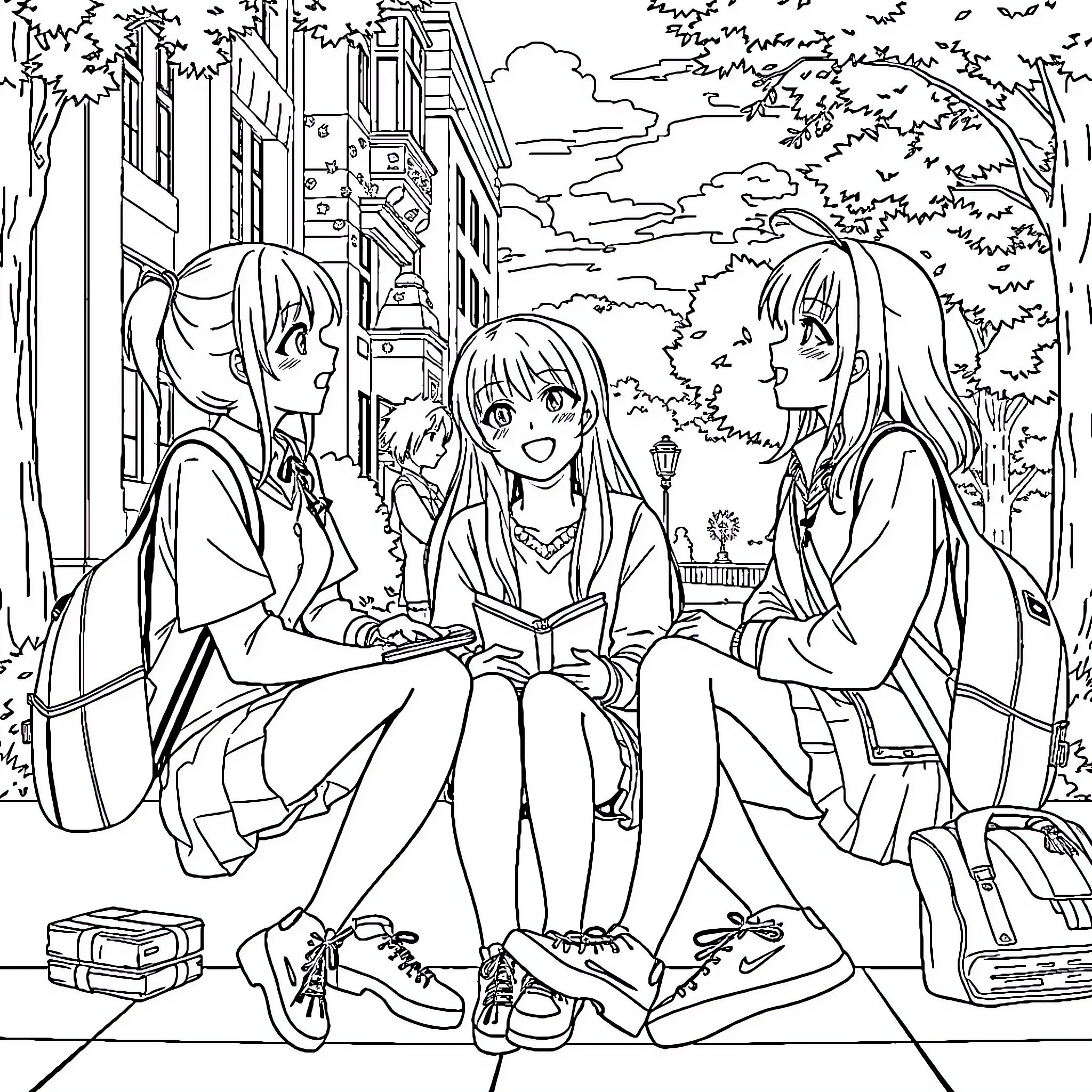 Anime Girls Chatting Happily Outdoors Coloring Page (free black-and-white line drawing printable PDF for all, from beginners to advanced learners, including children, teens, adults, and seniors)
