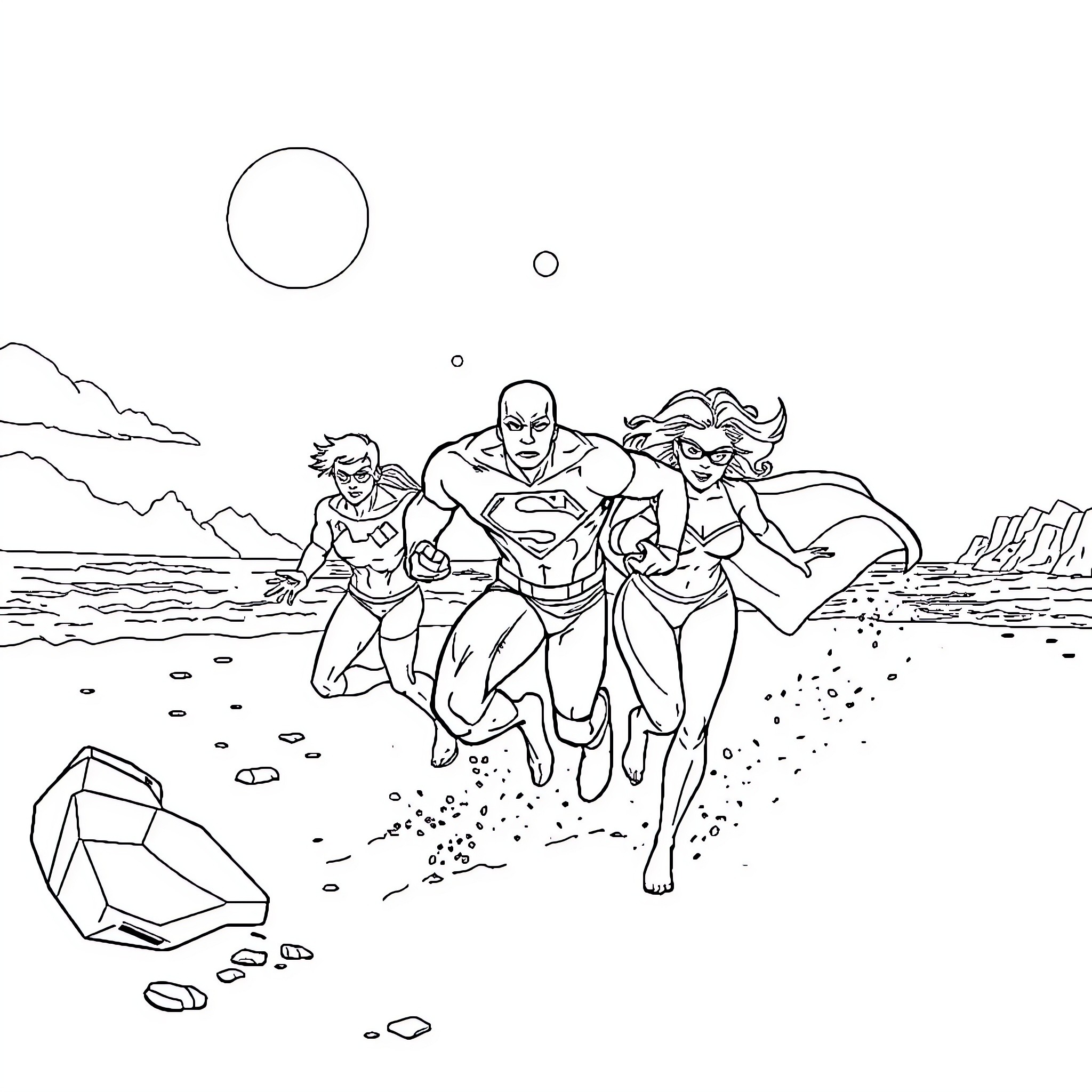 Superman and heroes on heroic adventure Coloring Page (free black-and-white line drawing printable PDF for all, from beginners to advanced learners, including children, teens, adults, and seniors)