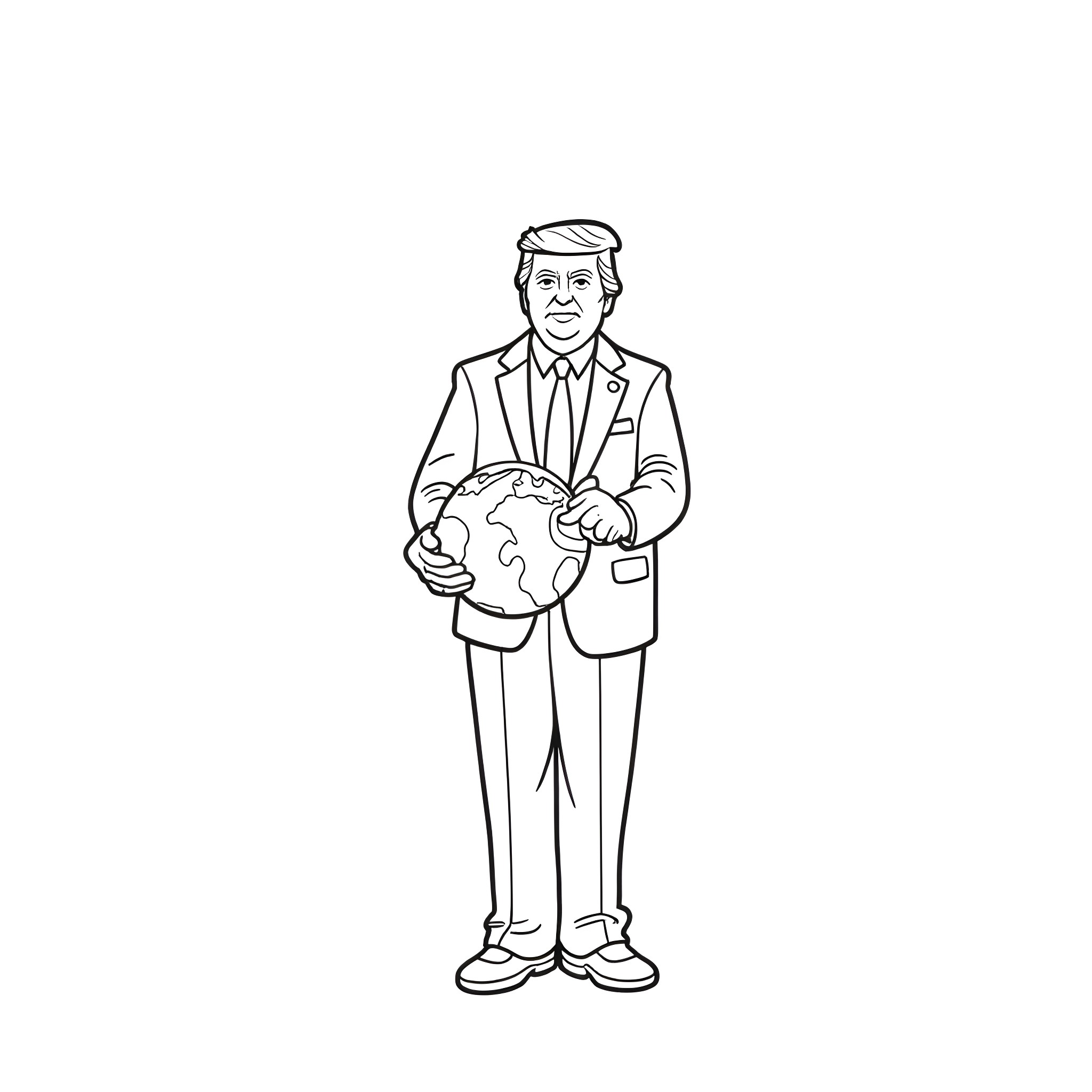 Trump holding the globe in his hands Coloring Page (free black-and-white line drawing printable PDF for all, from beginners to advanced learners, including children, teens, adults, and seniors)