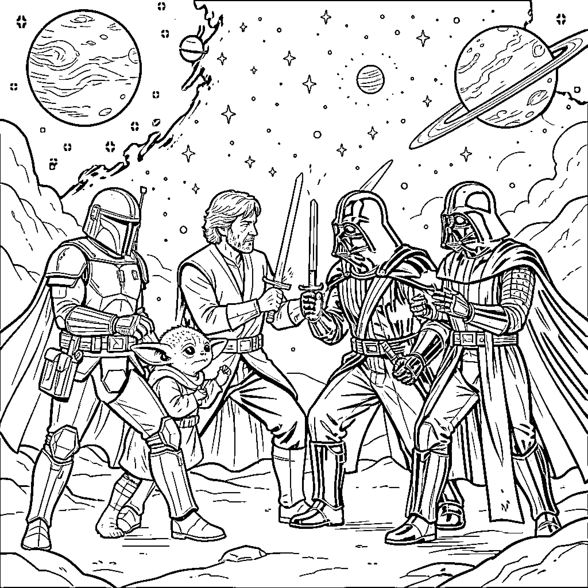 Star Wars: Galactic Standoff in the Cosmos Coloring Page (free black-and-white line drawing printable PDF for all, from beginners to advanced learners, including children, teens, adults, and seniors)