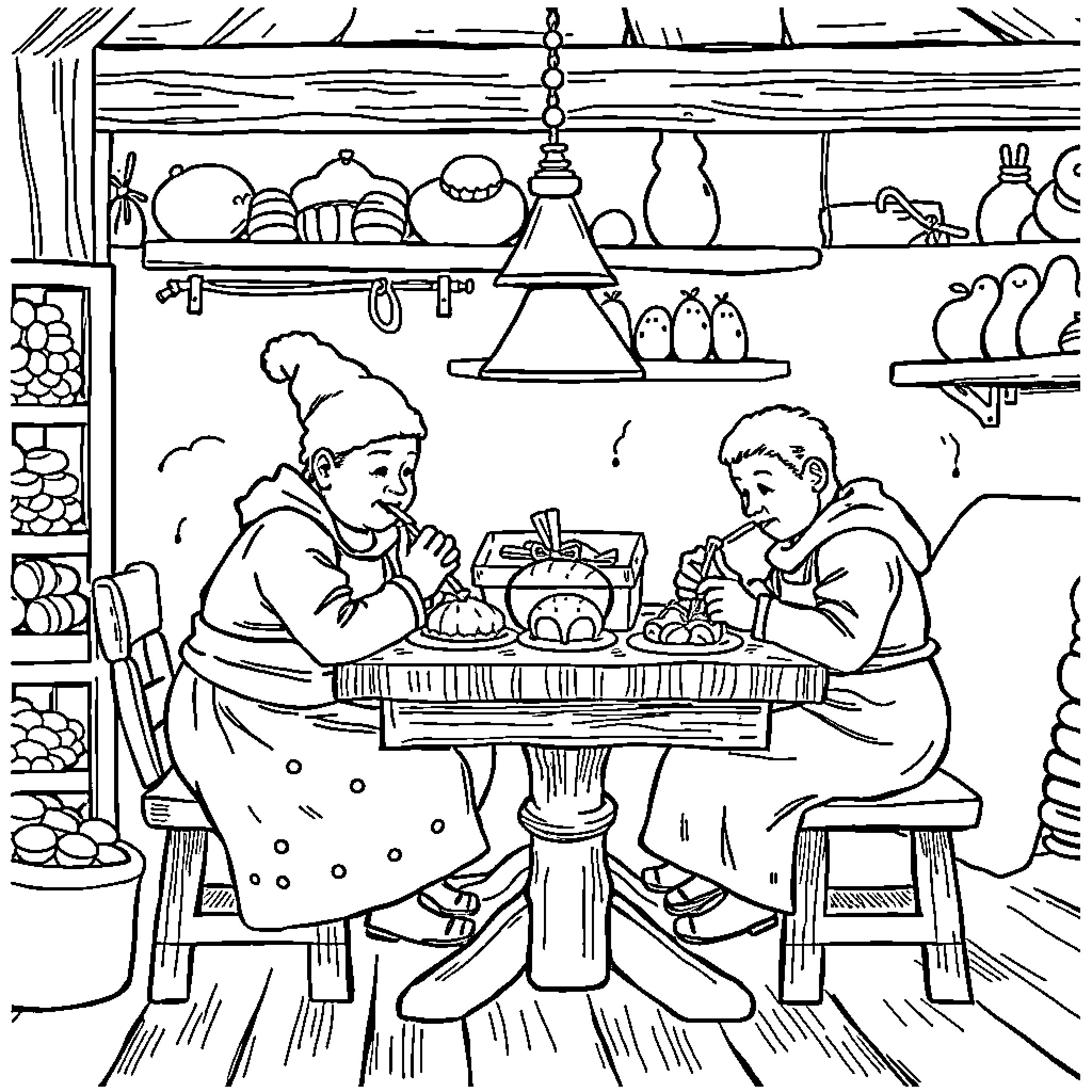 Lutin Pair Enjoying a Cozy Meal Together Coloring Page (free black-and-white line drawing printable PDF for all, from beginners to advanced learners, including children, teens, adults, and seniors)