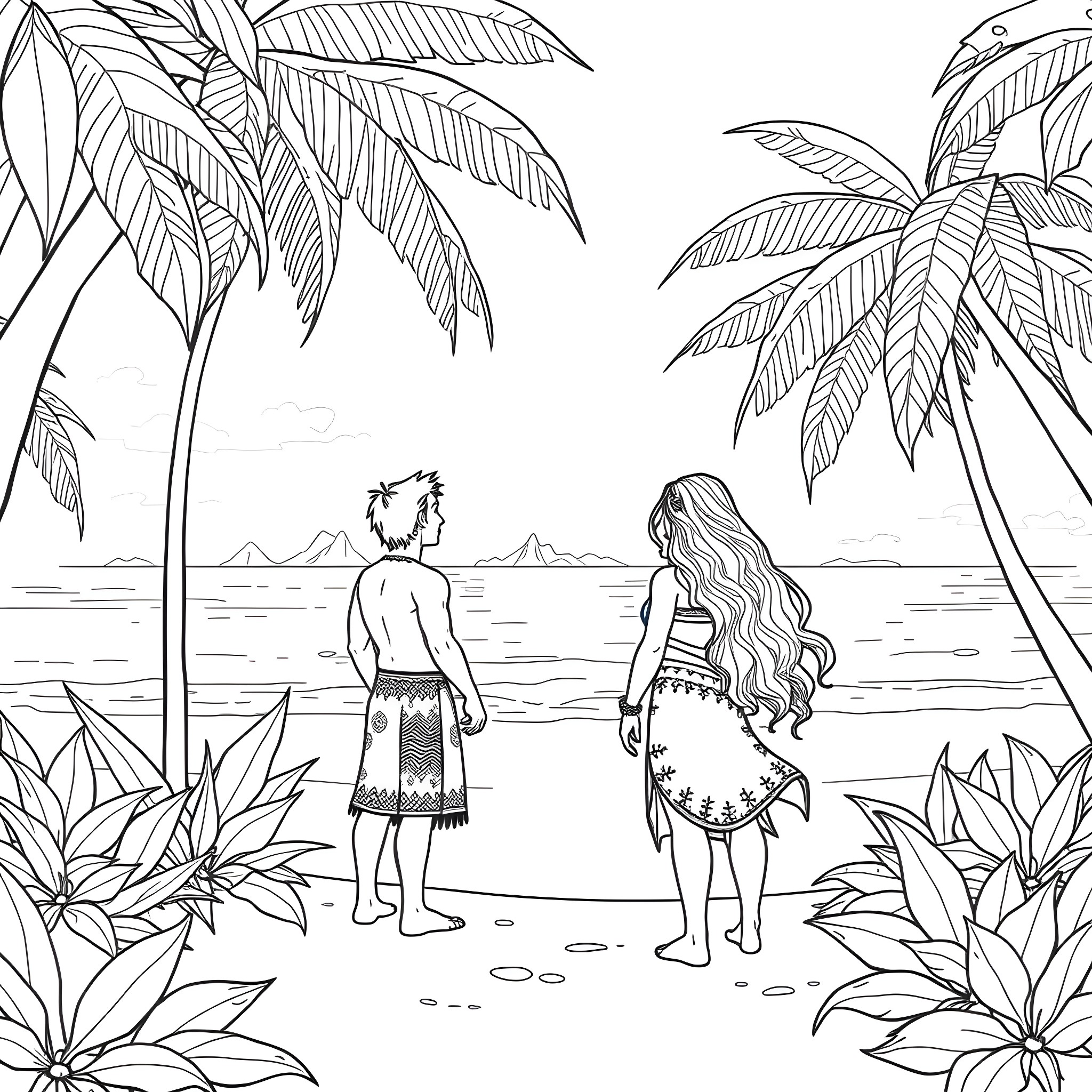Moana and Maui in the tropical beach scene Coloring Page (free black-and-white line drawing printable PDF for all, from beginners to advanced learners, including children, teens, adults, and seniors)