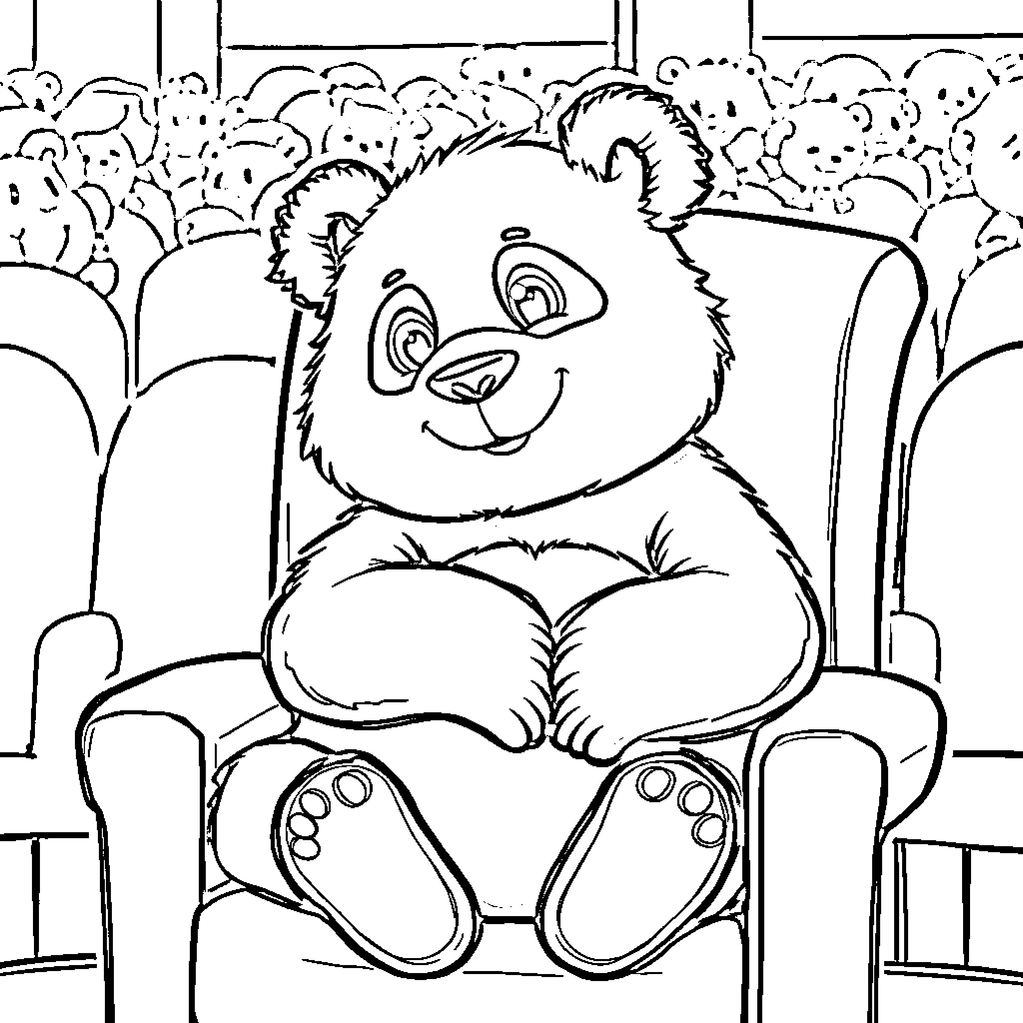Panda enjoying the performance in the theater Coloring Page (free black-and-white line drawing printable PDF for all, from beginners to advanced learners, including children, teens, adults, and seniors)