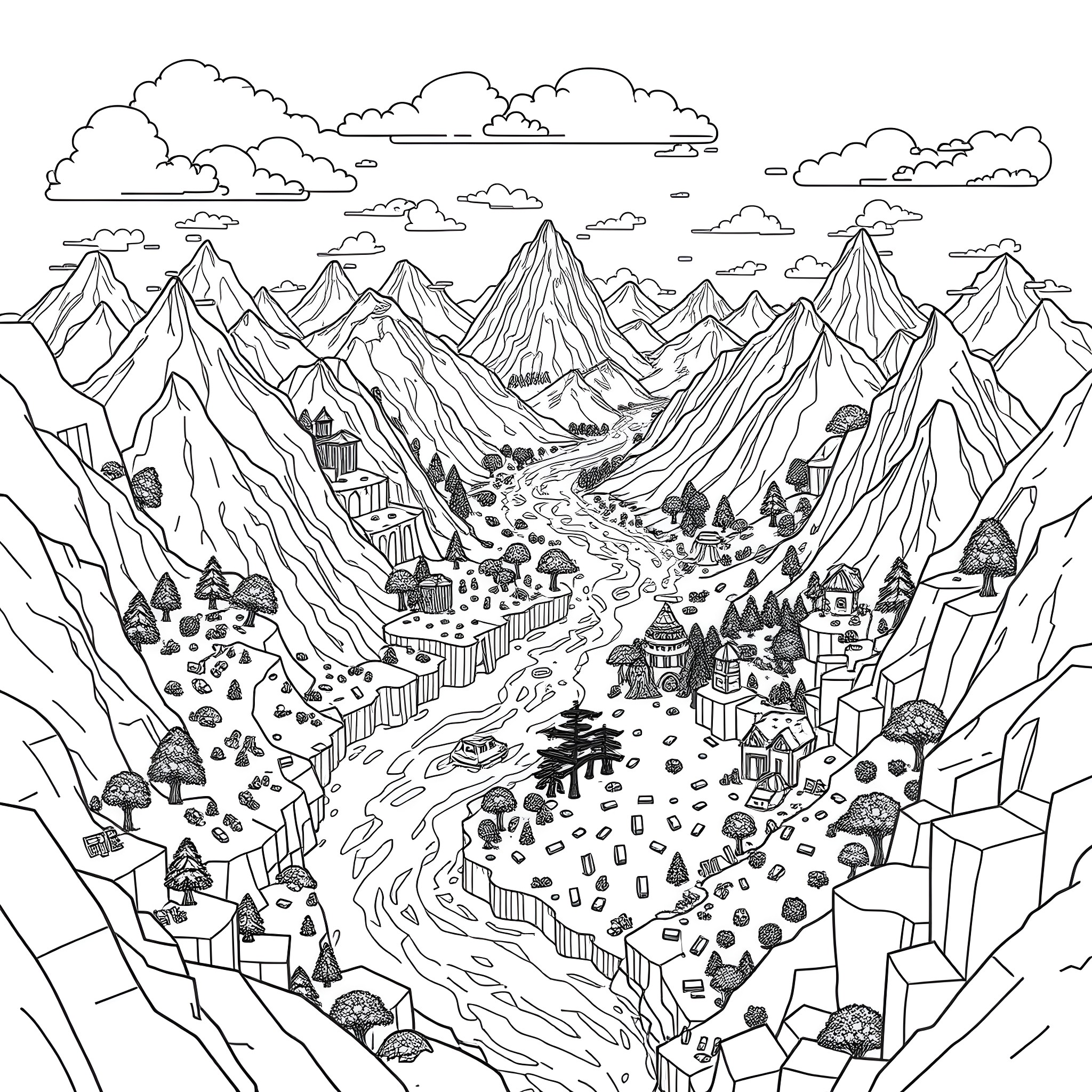Minecraft Landscape with Mountainous Terrain and Villages Coloring Page (free black-and-white line drawing printable PDF for all, from beginners to advanced learners, including children, teens, adults, and seniors)