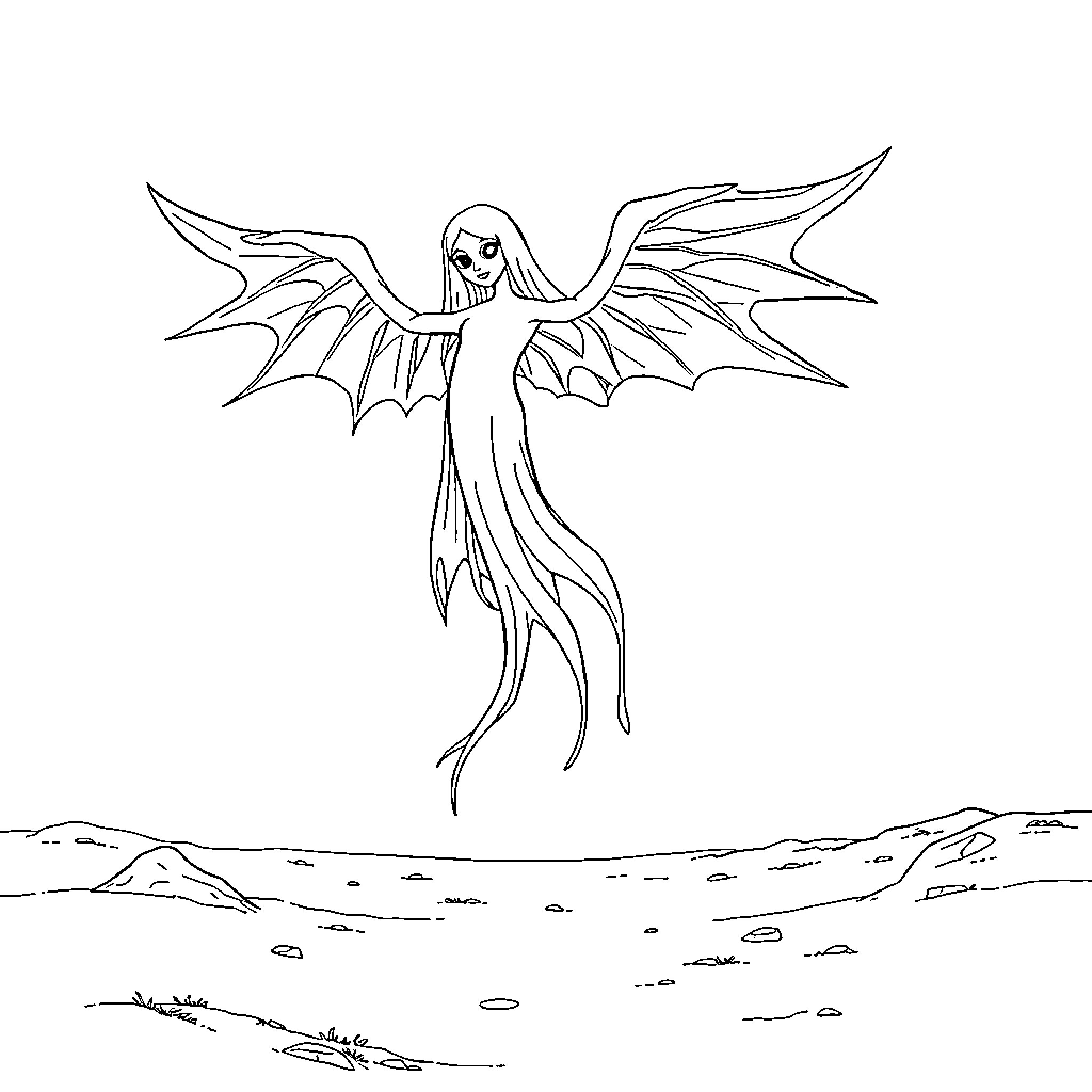 Banshee Soaring Over Bleak Landscape Coloring Page (free black-and-white line drawing printable PDF for all, from beginners to advanced learners, including children, teens, adults, and seniors)