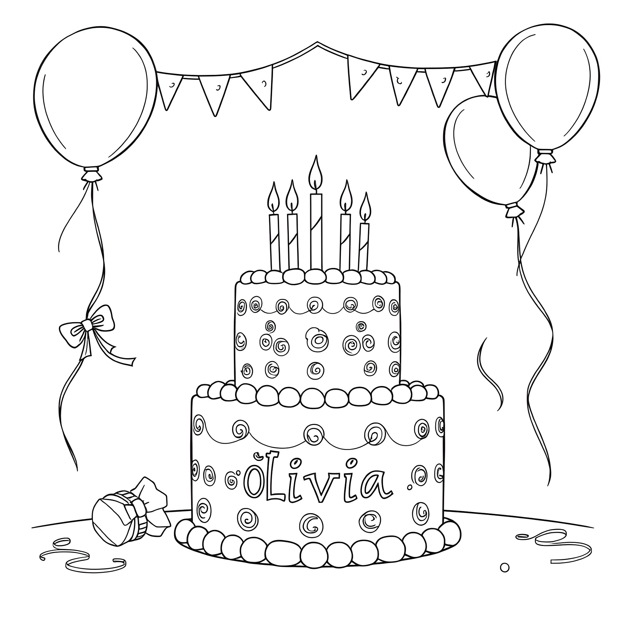 Birthday Cake with Festive Decorations and Balloons Coloring Page (free black-and-white line drawing printable PDF for all, from beginners to advanced learners, including children, teens, adults, and seniors)