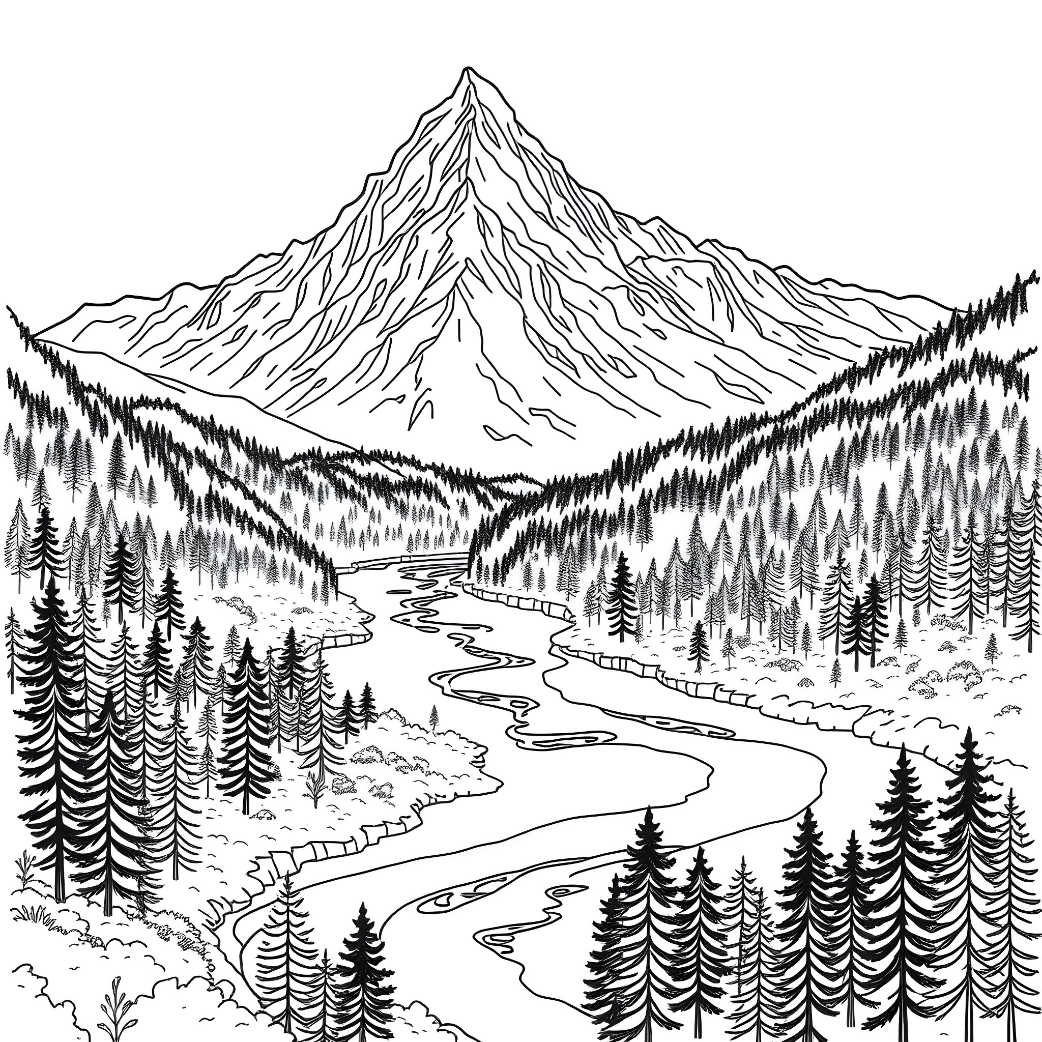 Mountain landscape with winding river and pine forest Coloring Page (free black-and-white line drawing printable PDF for all, from beginners to advanced learners, including children, teens, adults, and seniors)