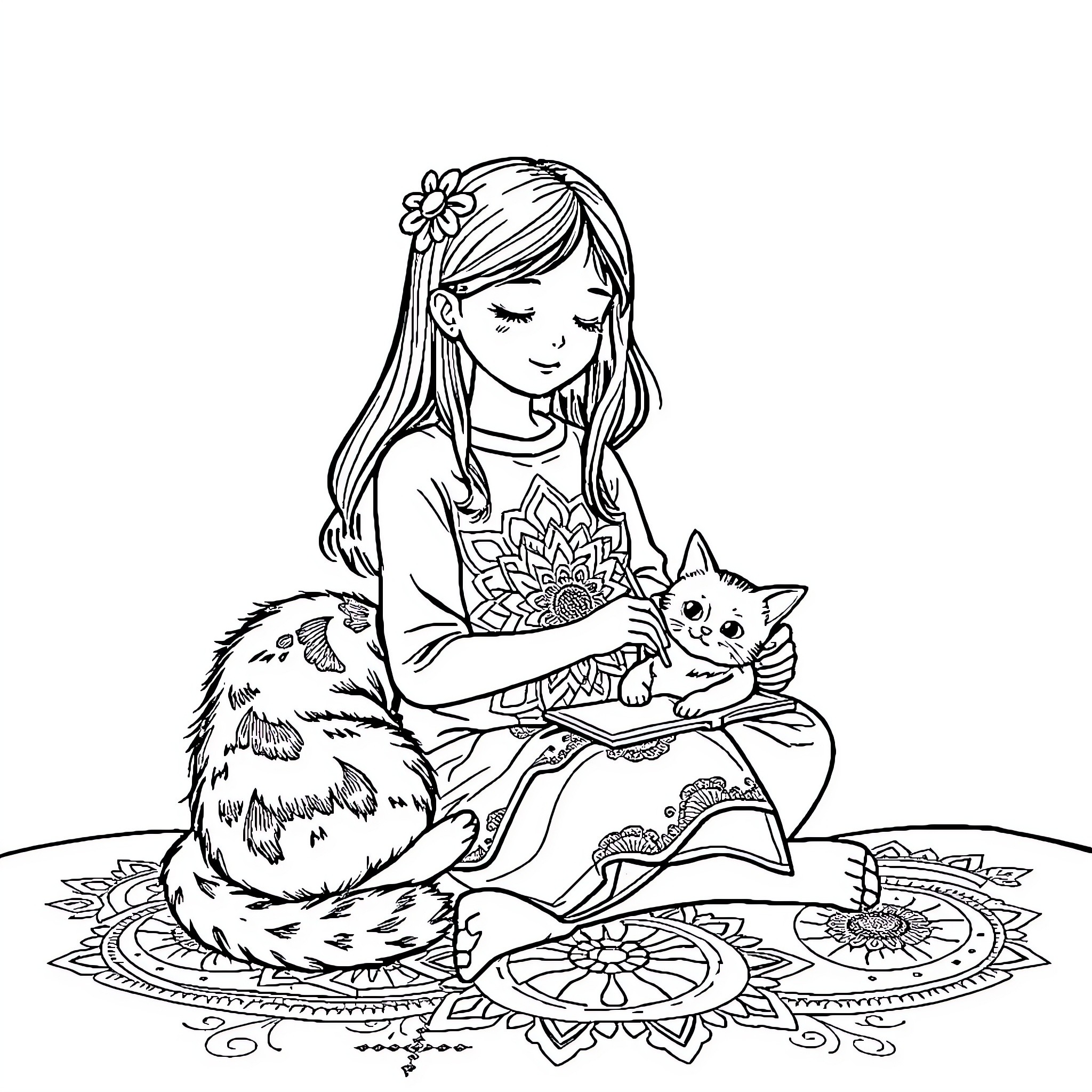Girl with flower in hair cuddling pet cat Coloring Page (free black-and-white line drawing printable PDF for all, from beginners to advanced learners, including children, teens, adults, and seniors)