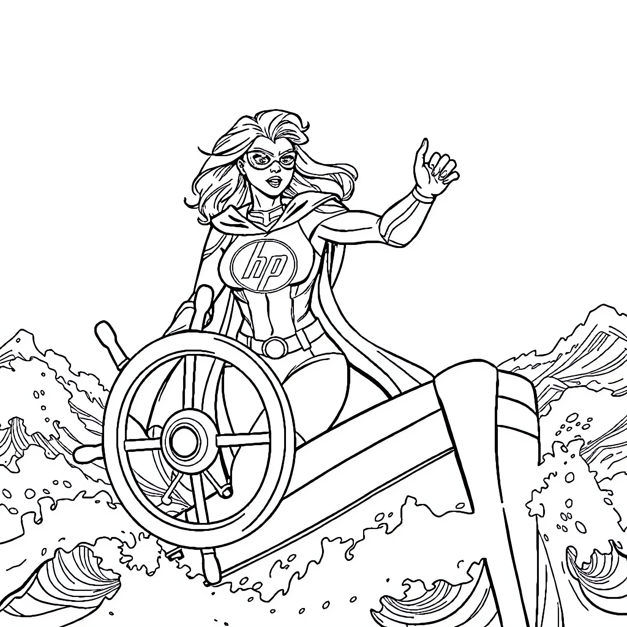 Superhero in Wheelchair Navigating through Stormy Landscape Coloring Page (free black-and-white line drawing printable PDF for all, from beginners to advanced learners, including children, teens, adults, and seniors)