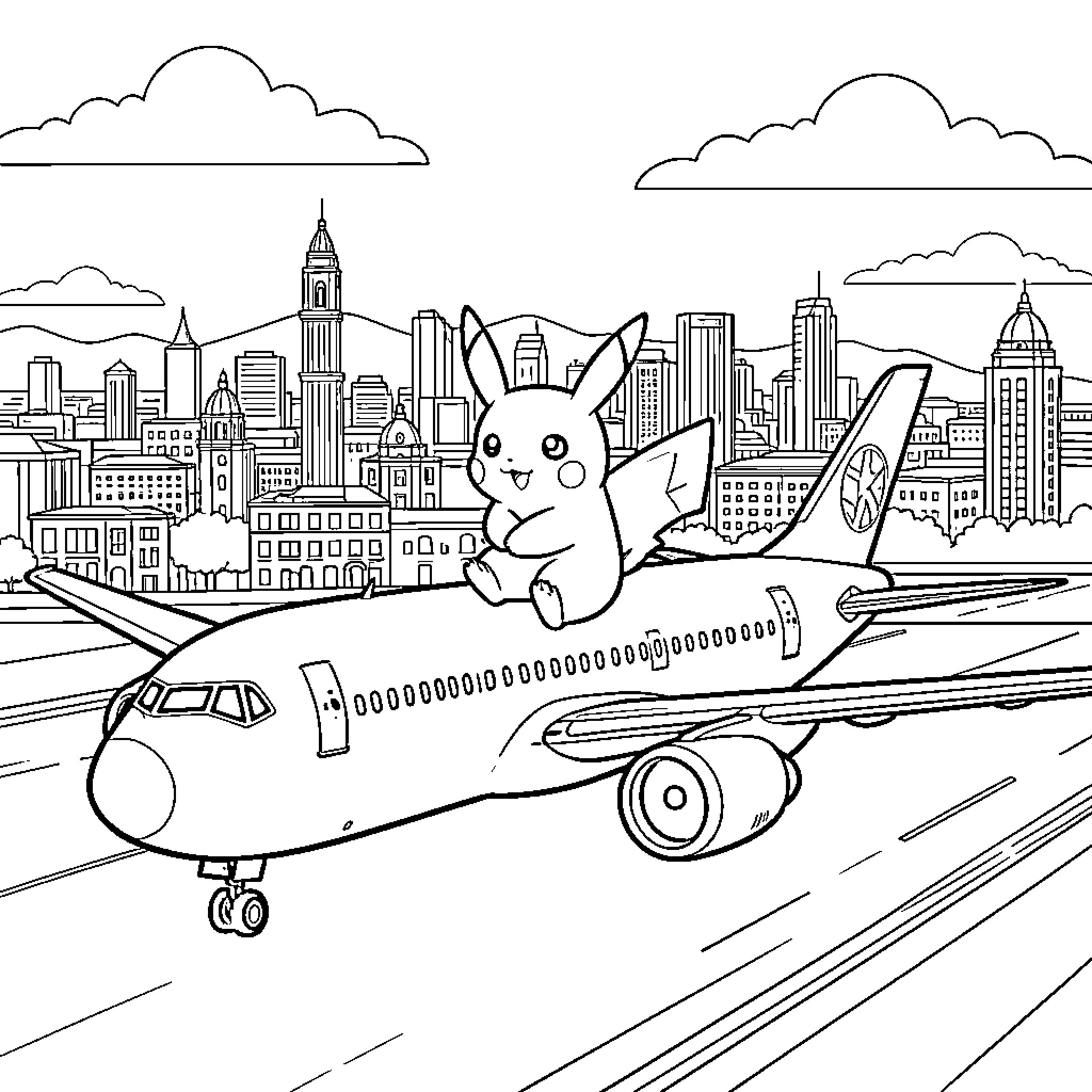 Pikachu travels on an airplane over a city skyline Coloring Page (free black-and-white line drawing printable PDF for all, from beginners to advanced learners, including children, teens, adults, and seniors)