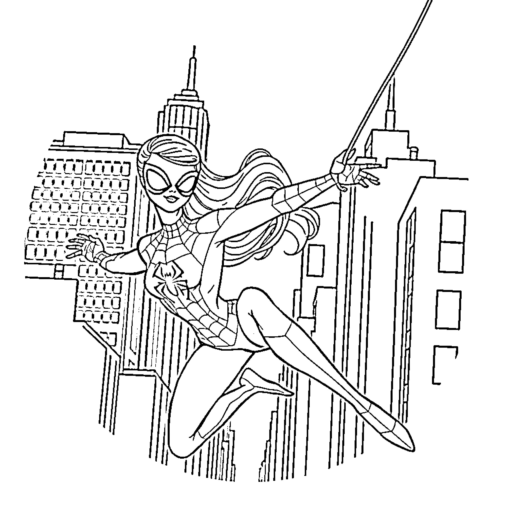 Barbie Superhero Swinging through Cityscape Coloring Page (free black-and-white line drawing printable PDF for all, from beginners to advanced learners, including children, teens, adults, and seniors)