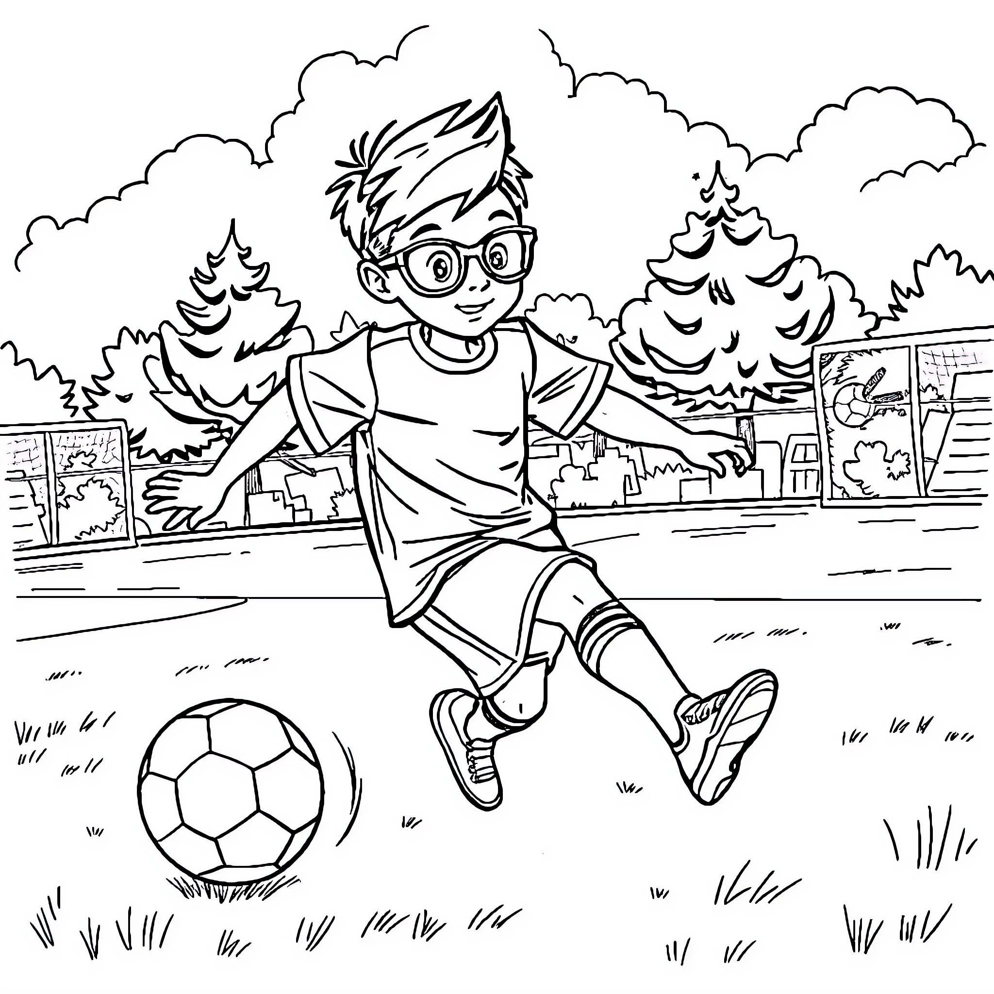 Boy enjoying soccer in the park Coloring Page (free black-and-white line drawing printable PDF for all, from beginners to advanced learners, including children, teens, adults, and seniors)