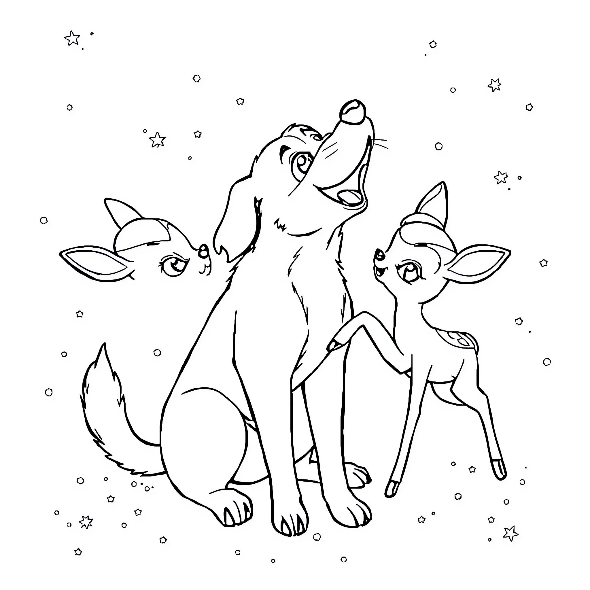 Dog and Deer Howling in the Moonlight Coloring Page (free black-and-white line drawing printable PDF for all, from beginners to advanced learners, including children, teens, adults, and seniors)