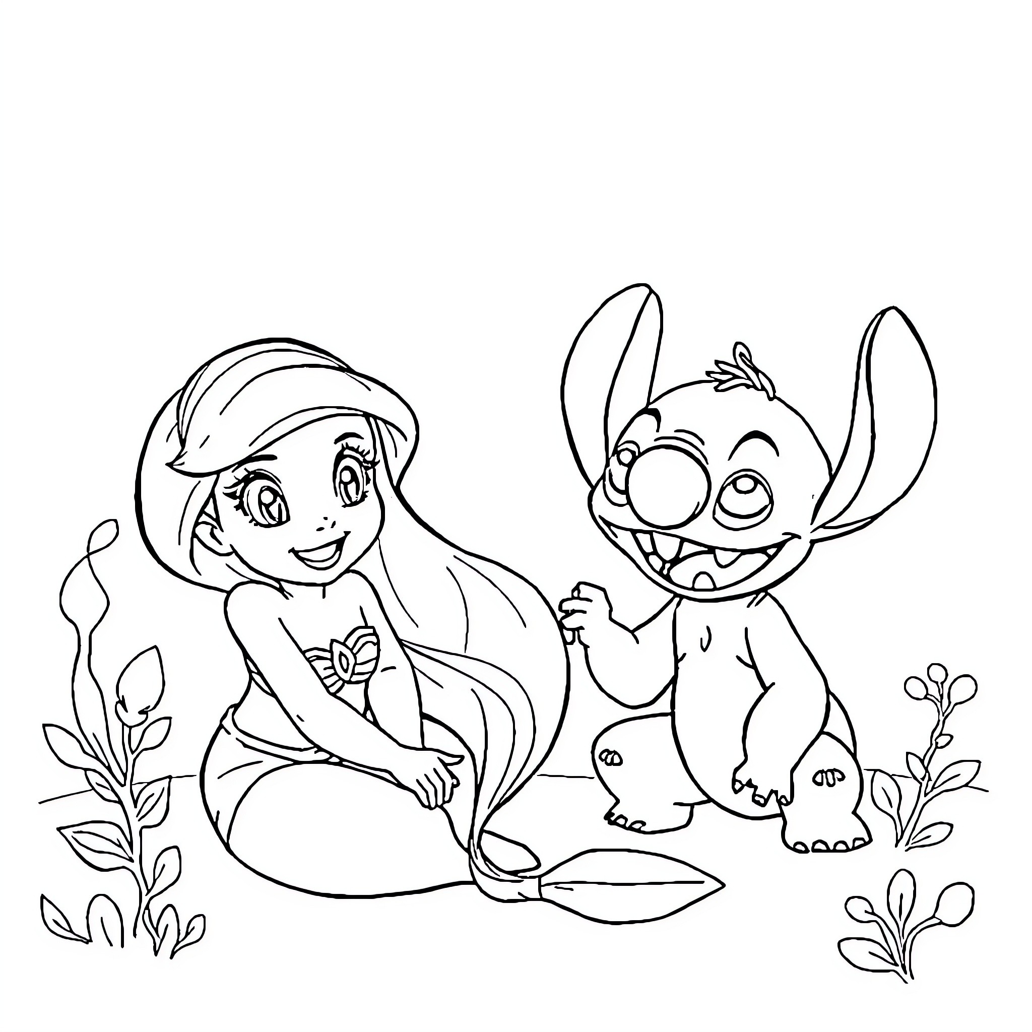 Ariel and Stitch playing together happily Coloring Page (free black-and-white line drawing printable PDF for all, from beginners to advanced learners, including children, teens, adults, and seniors)