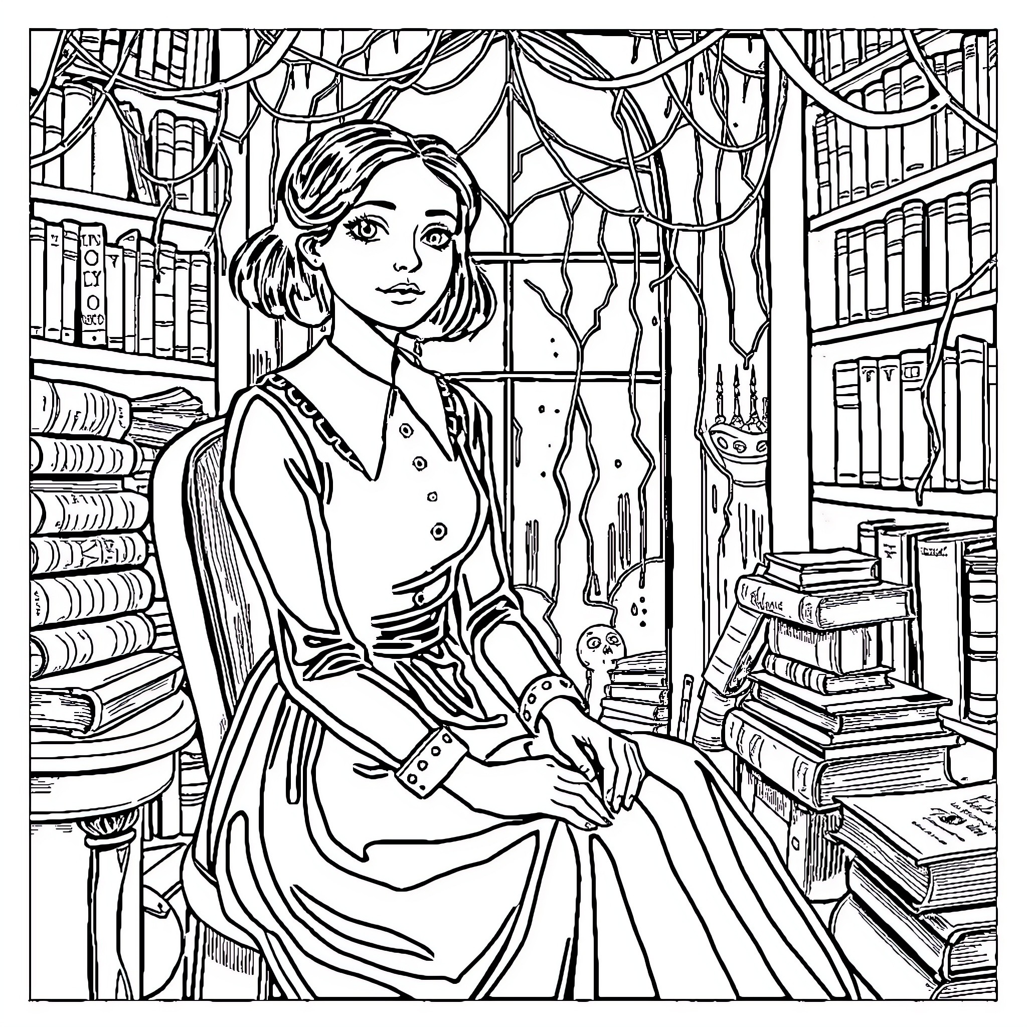 Mercredi: Thoughtful Young Woman in Vintage Library Coloring Page (free black-and-white line drawing printable PDF for all, from beginners to advanced learners, including children, teens, adults, and seniors)