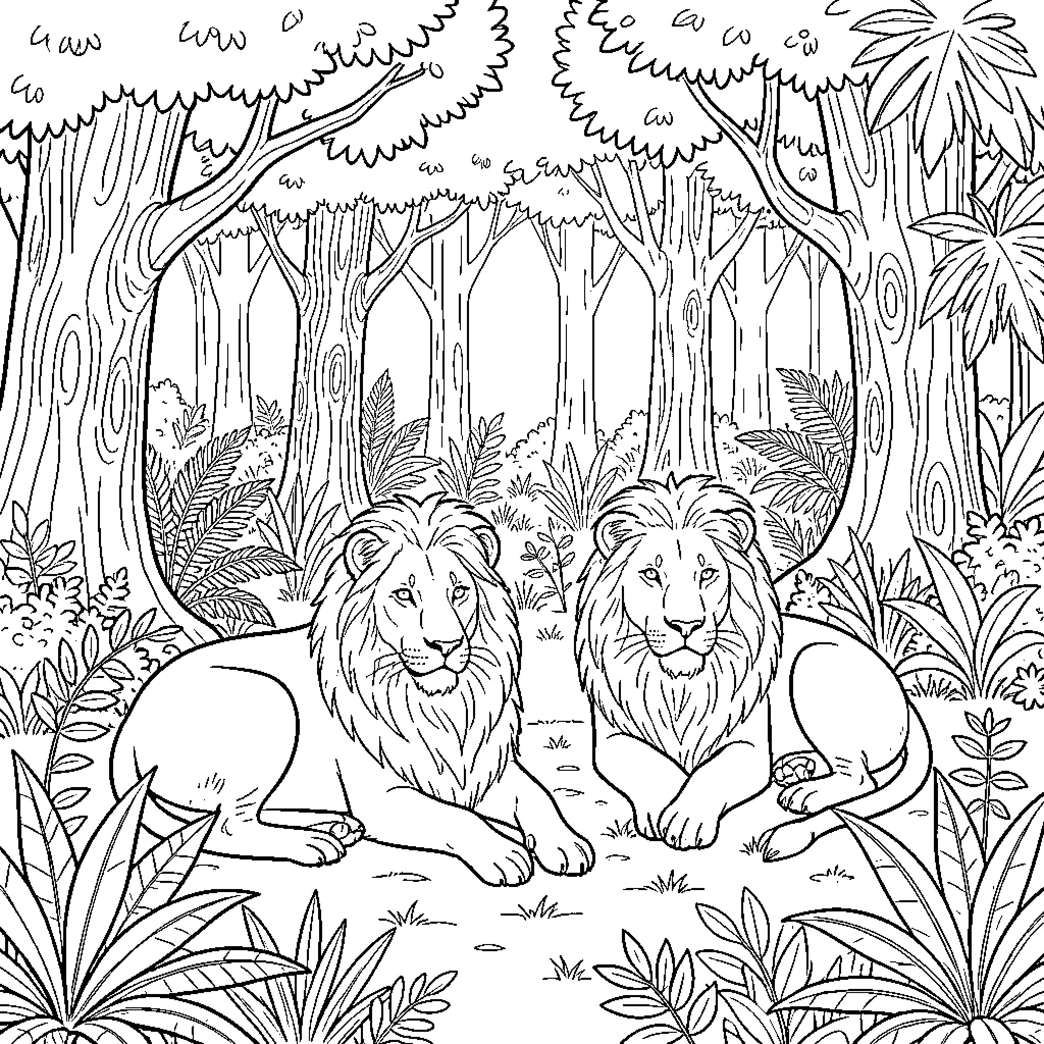 Lion pair lounging in lush jungle landscape Coloring Page (free black-and-white line drawing printable PDF for all, from beginners to advanced learners, including children, teens, adults, and seniors)
