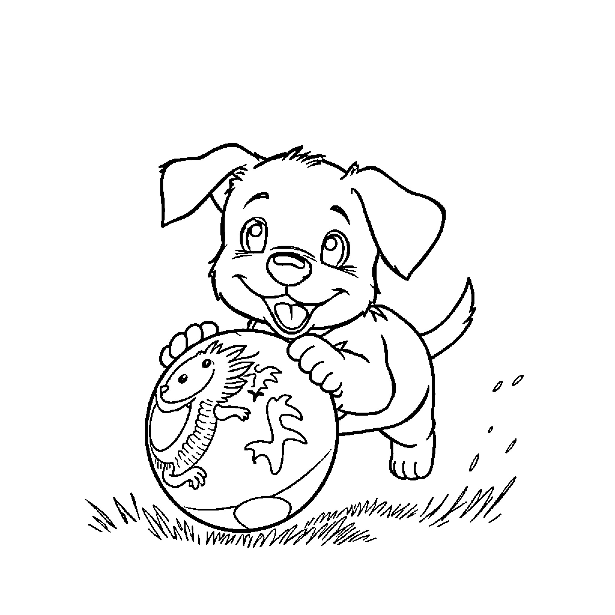 Puppy playing with a toy fish Coloring Page (free black-and-white line drawing printable PDF for all, from beginners to advanced learners, including children, teens, adults, and seniors)
