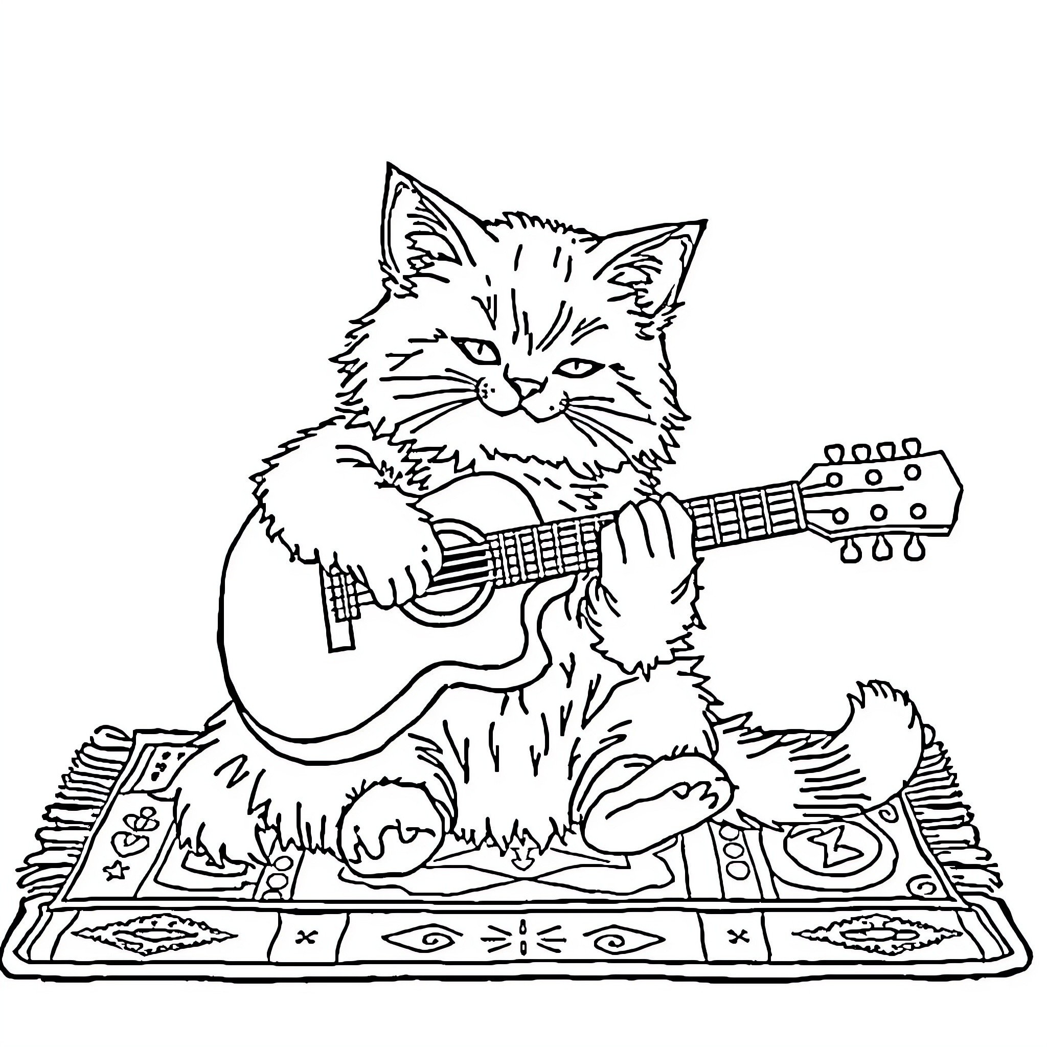 Cat playing a guitar on a rug Coloring Page (free black-and-white line drawing printable PDF for all, from beginners to advanced learners, including children, teens, adults, and seniors)