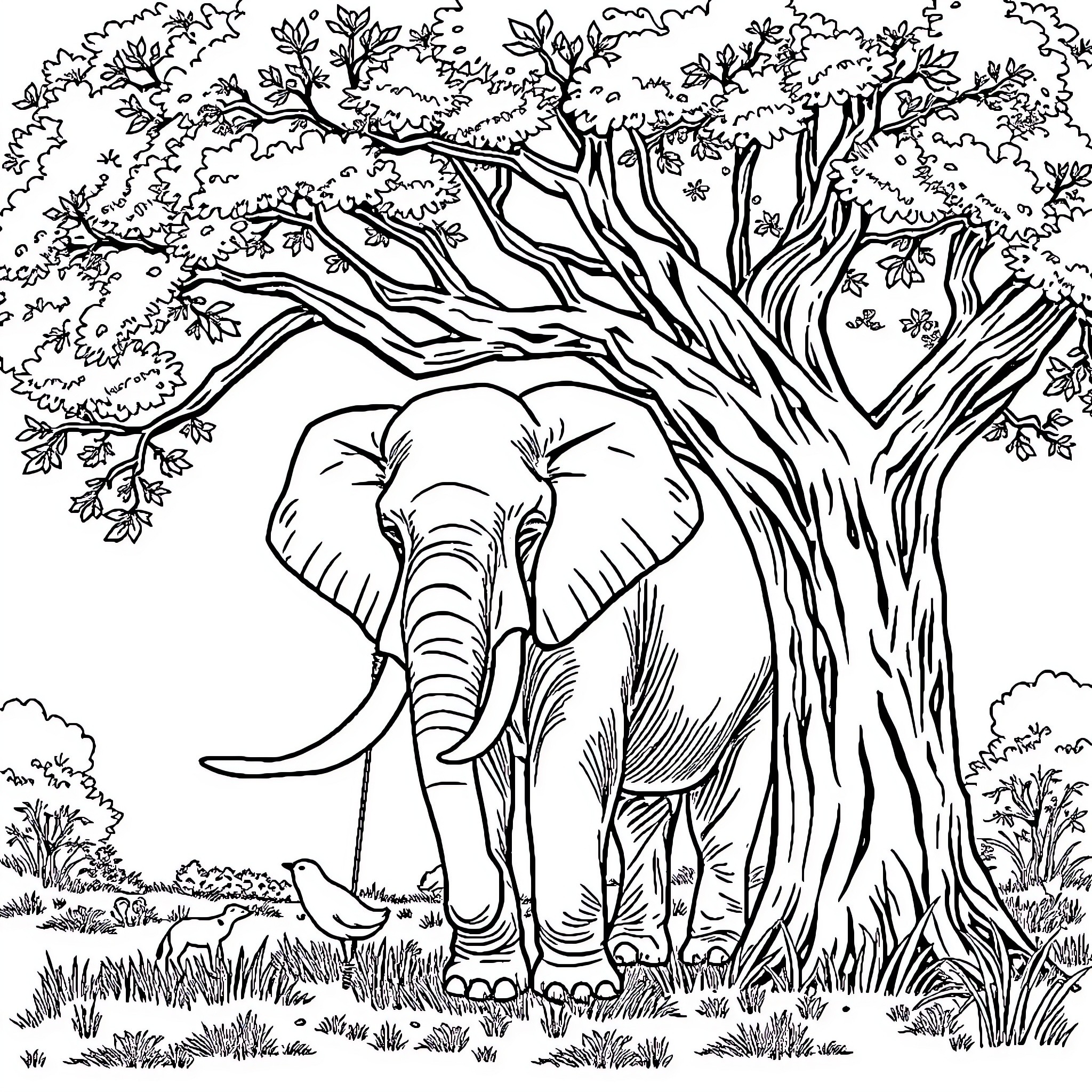 Elephant standing in a lush, natural landscape Coloring Page (free black-and-white line drawing printable PDF for all, from beginners to advanced learners, including children, teens, adults, and seniors)